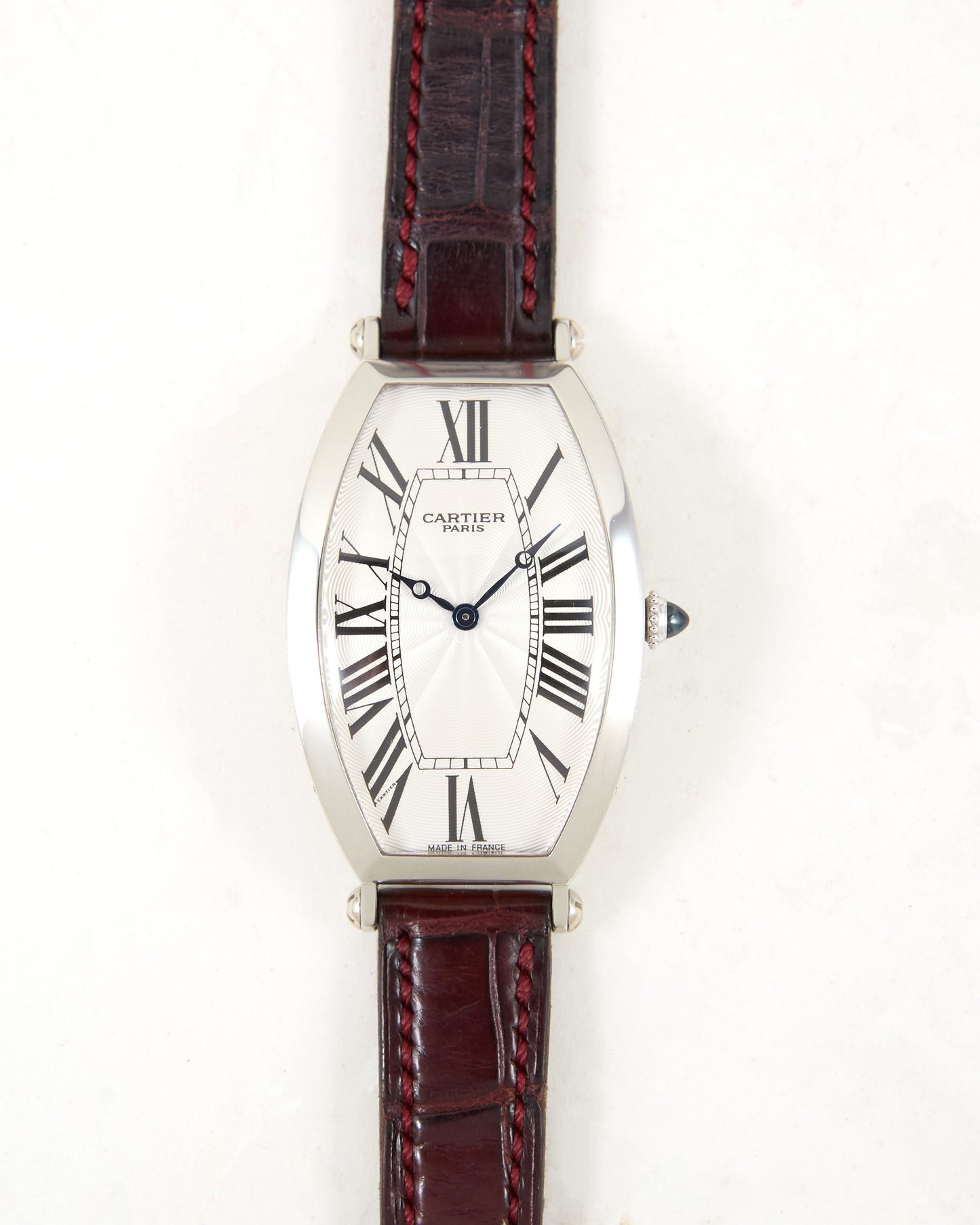 Cartier Tonneau XL 2435E CPCP in Platinum Case on Leather Strap and Buckle with Papers