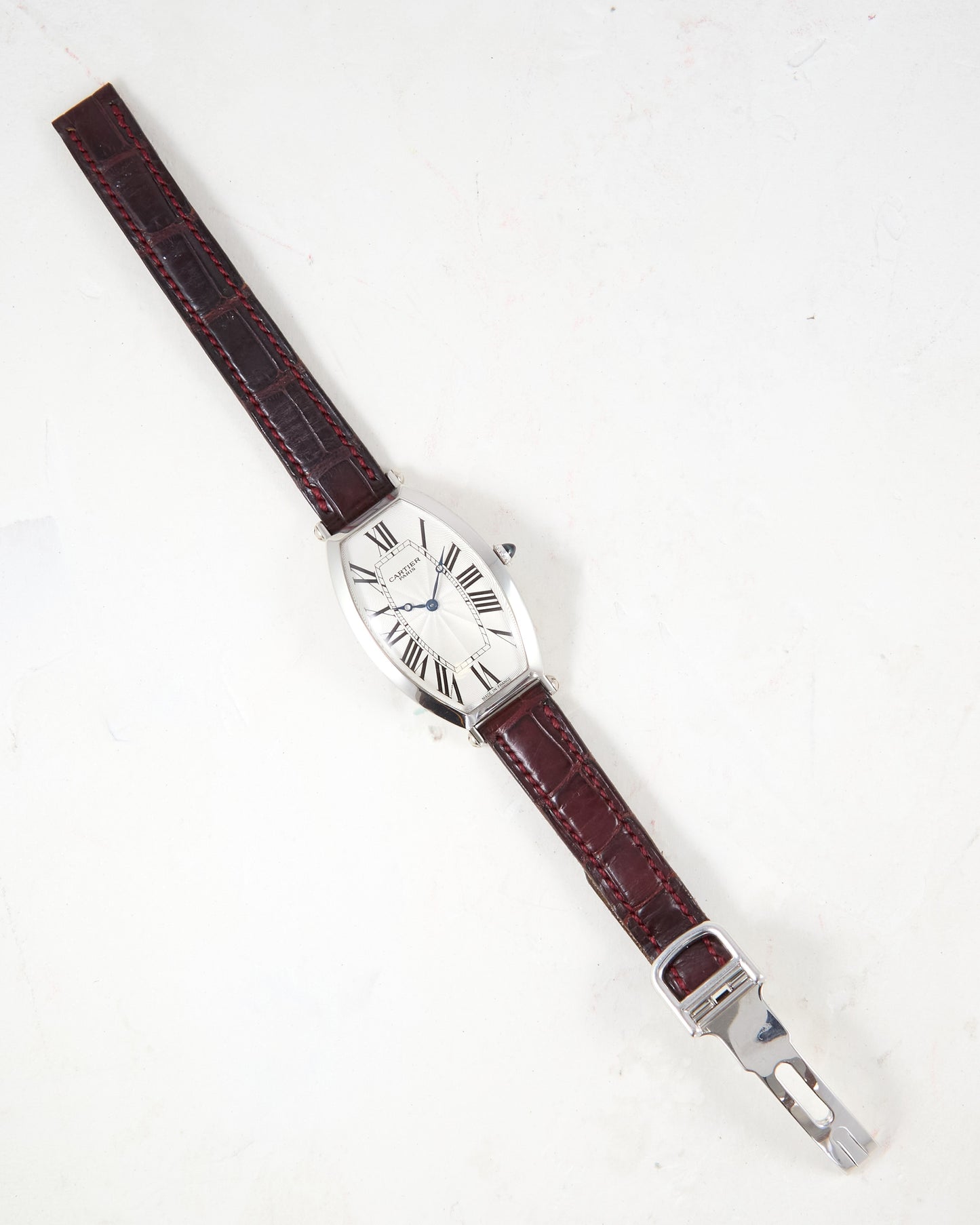 Cartier Tonneau XL 2435E CPCP in Platinum Case on Leather Strap and Buckle with Papers