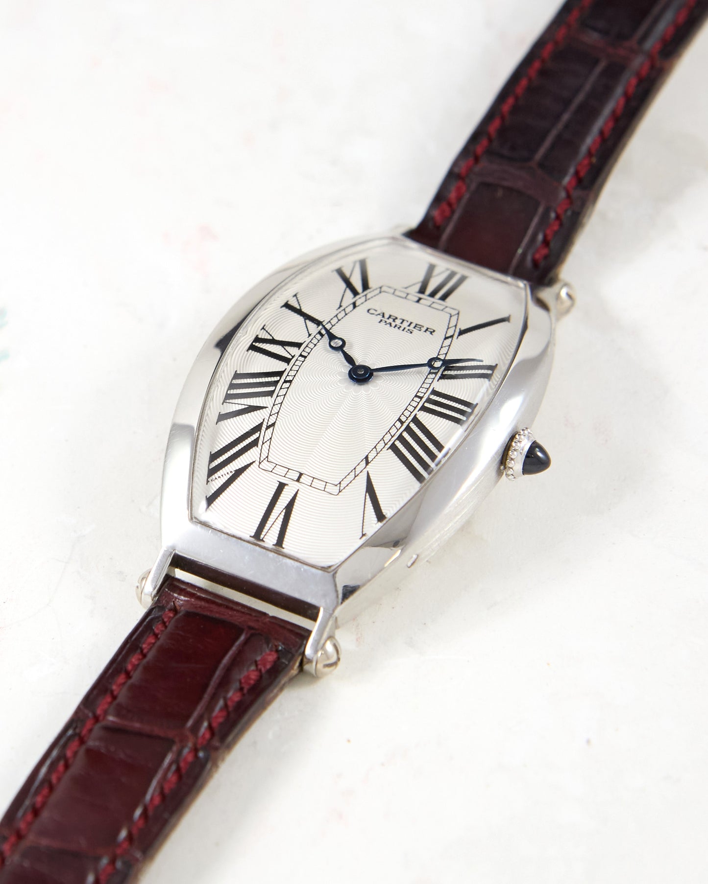 Cartier Tonneau XL 2435E CPCP in Platinum Case on Leather Strap and Buckle with Papers