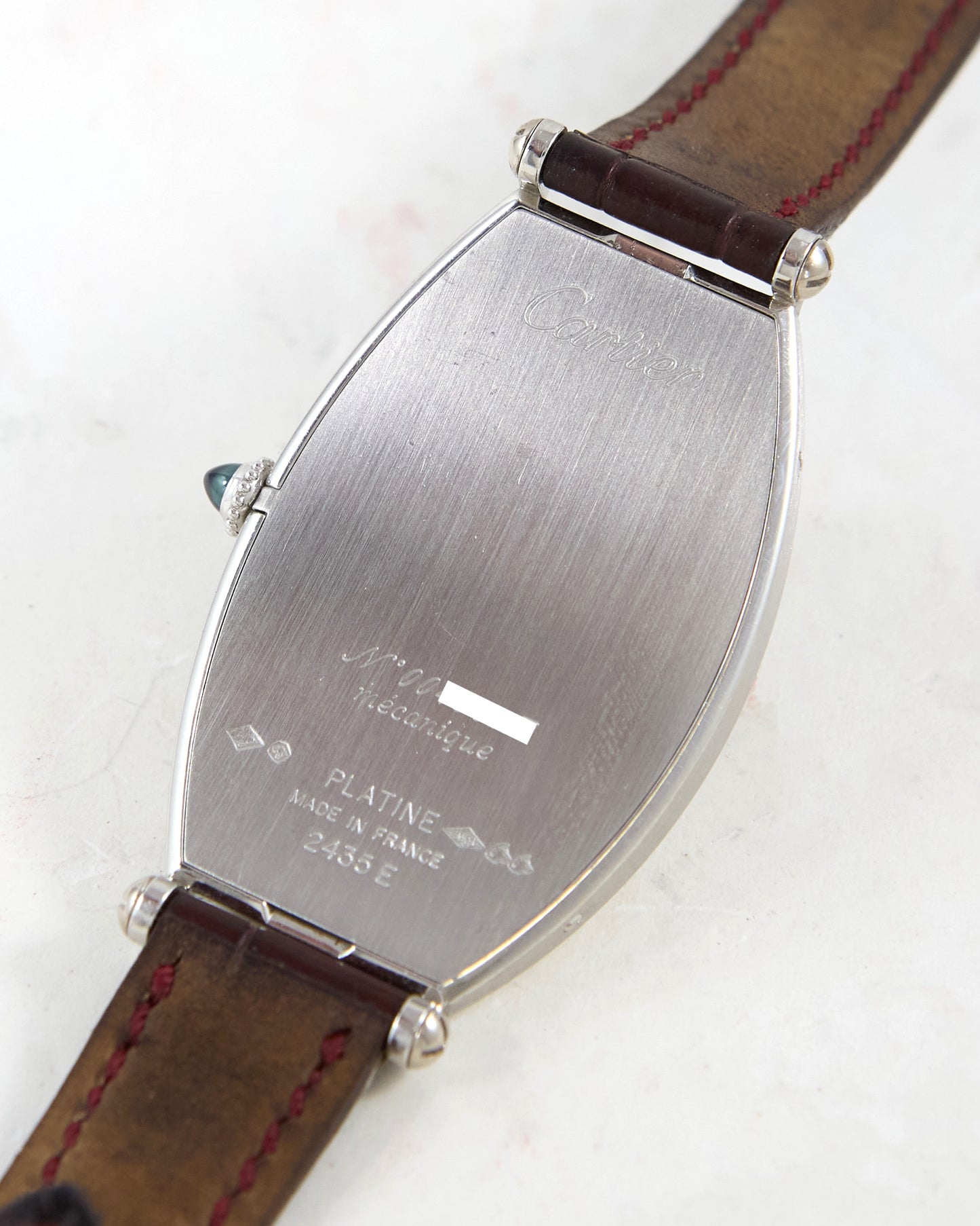 Cartier Tonneau XL 2435E CPCP in Platinum Case on Leather Strap and Buckle with Papers