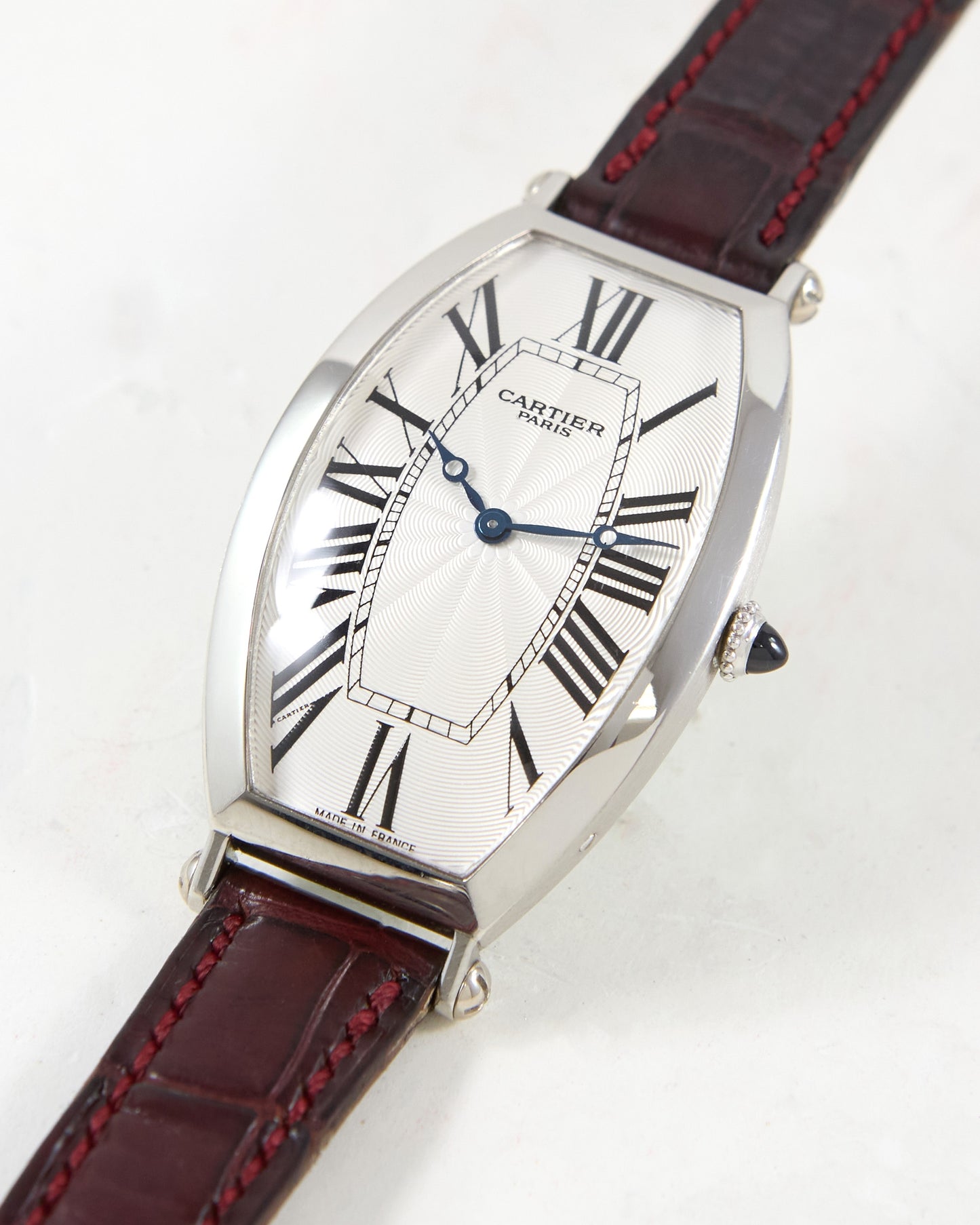 Cartier Tonneau XL 2435E CPCP in Platinum Case on Leather Strap and Buckle with Papers