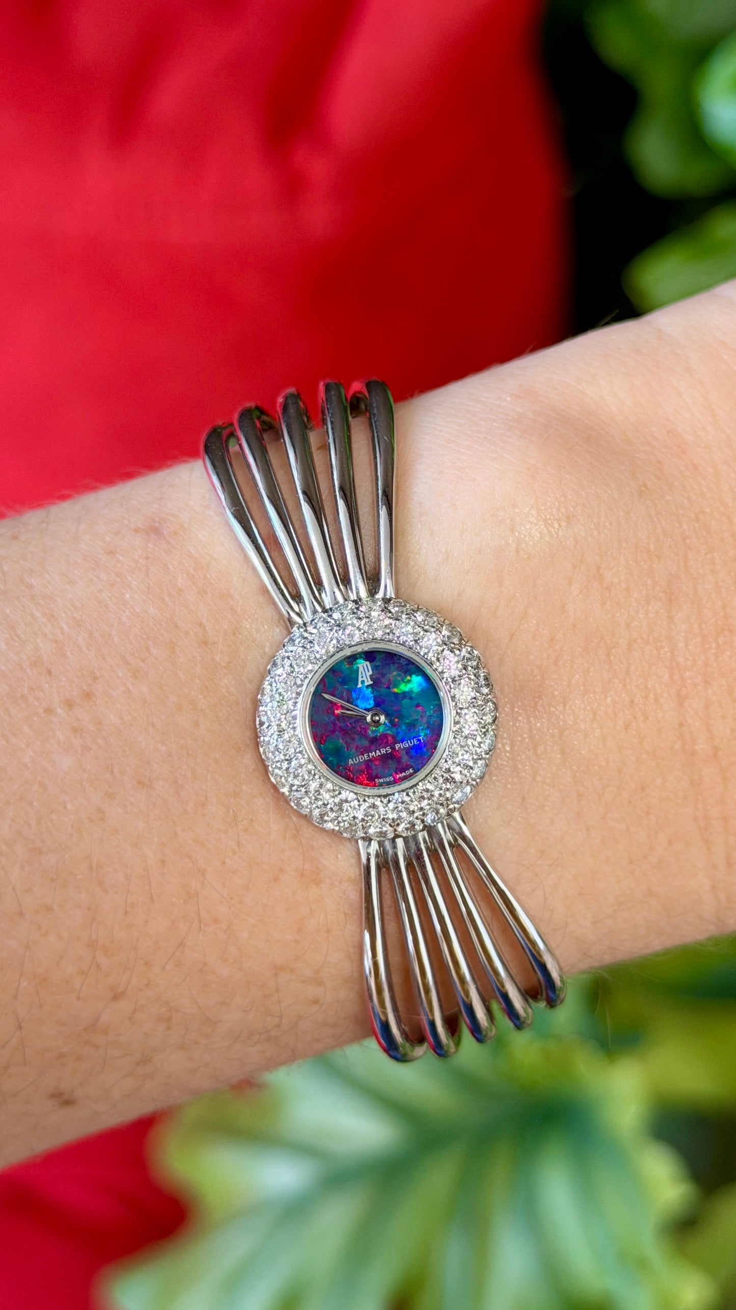 Audemars Piguet Bangle Watch in White Gold with Opal Stone Dial and Diamond Bezel