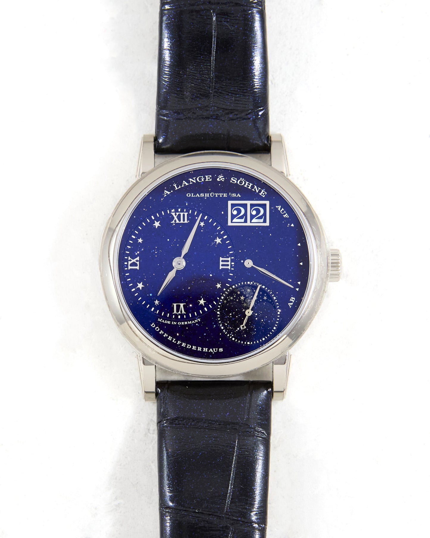 A Lange & Sohne Little Lange 1 Moonphase Blue "Star Dial" in White Gold with Box and Papers