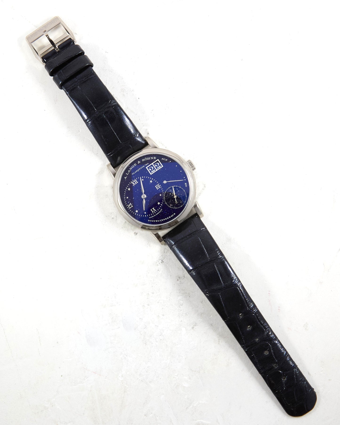 A Lange & Sohne Little Lange 1 Moonphase Blue "Star Dial" in White Gold with Box and Papers