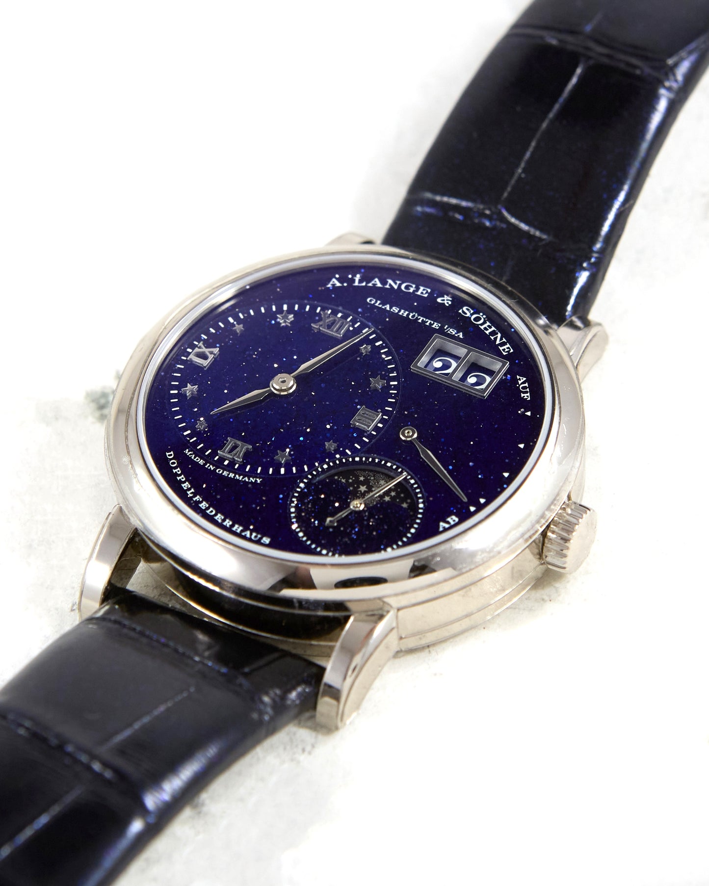 A Lange & Sohne Little Lange 1 Moonphase Blue "Star Dial" in White Gold with Box and Papers