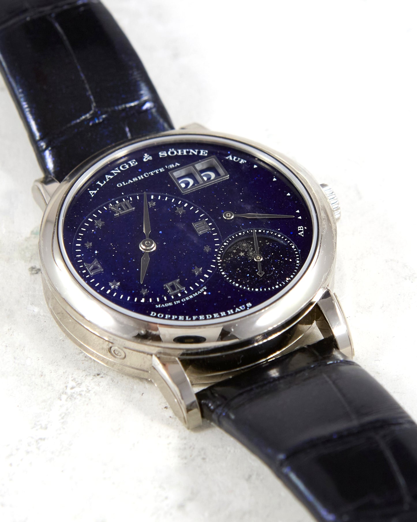A Lange & Sohne Little Lange 1 Moonphase Blue "Star Dial" in White Gold with Box and Papers
