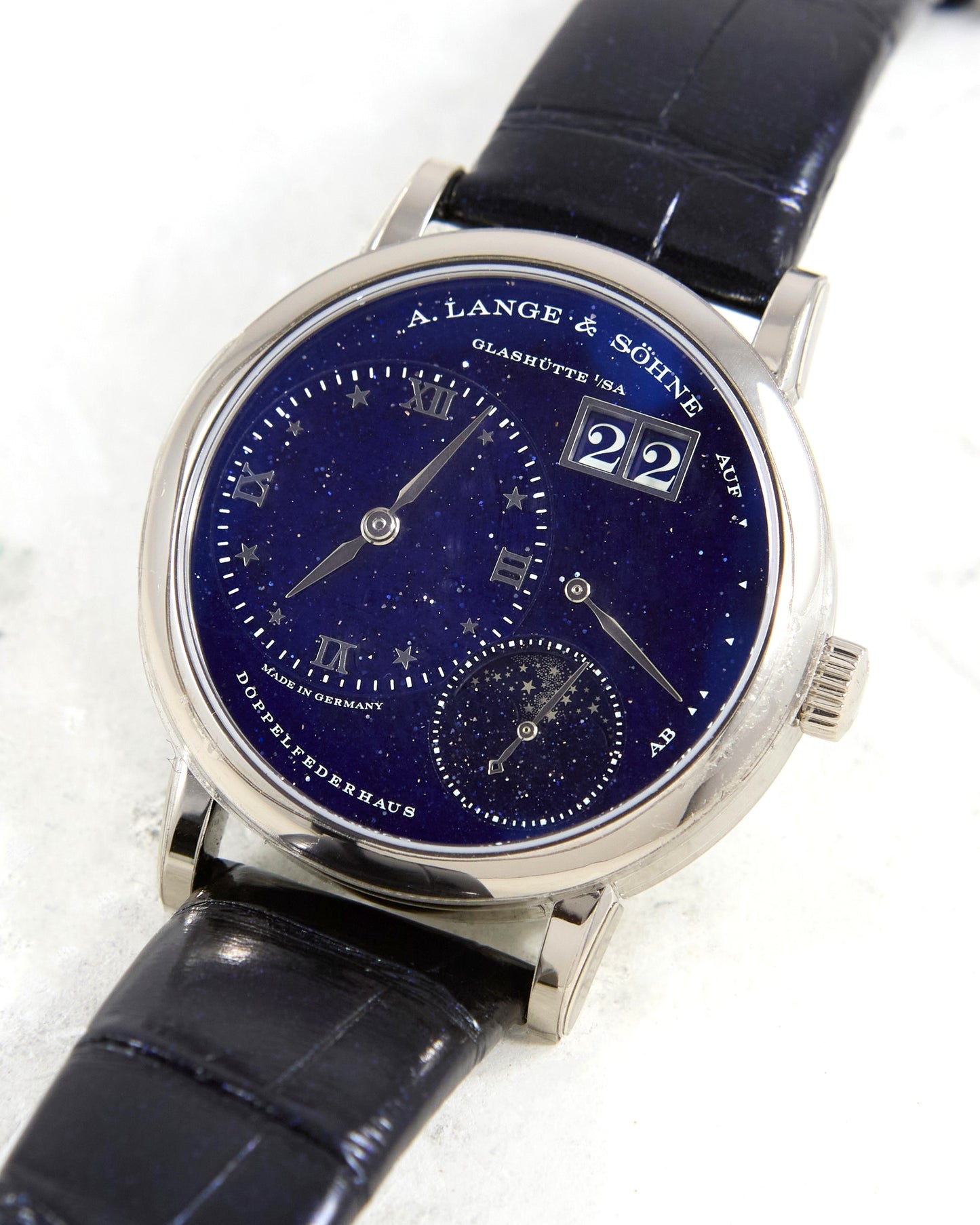 A Lange & Sohne Little Lange 1 Moonphase Blue "Star Dial" in White Gold with Box and Papers
