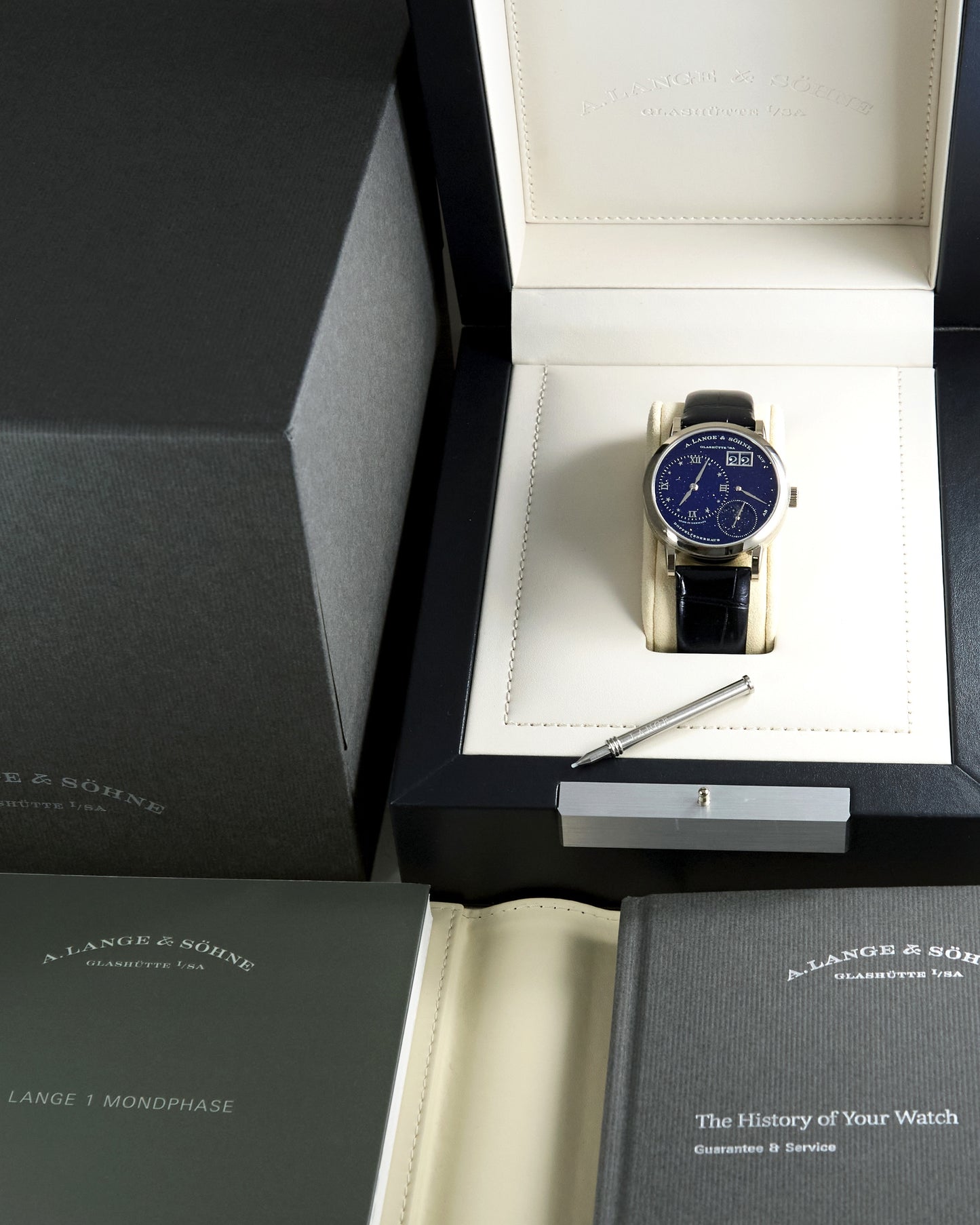 A Lange & Sohne Little Lange 1 Moonphase Blue "Star Dial" in White Gold with Box and Papers