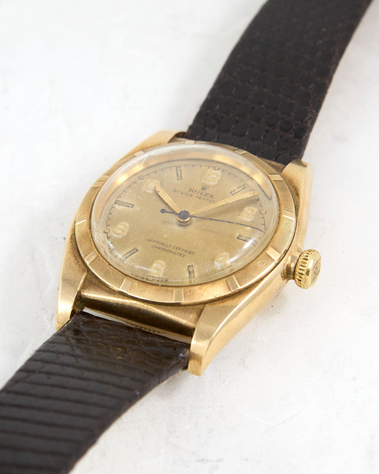 Rolex Bubbleback Cream Radium Dial in 14K Yellow Gold Case