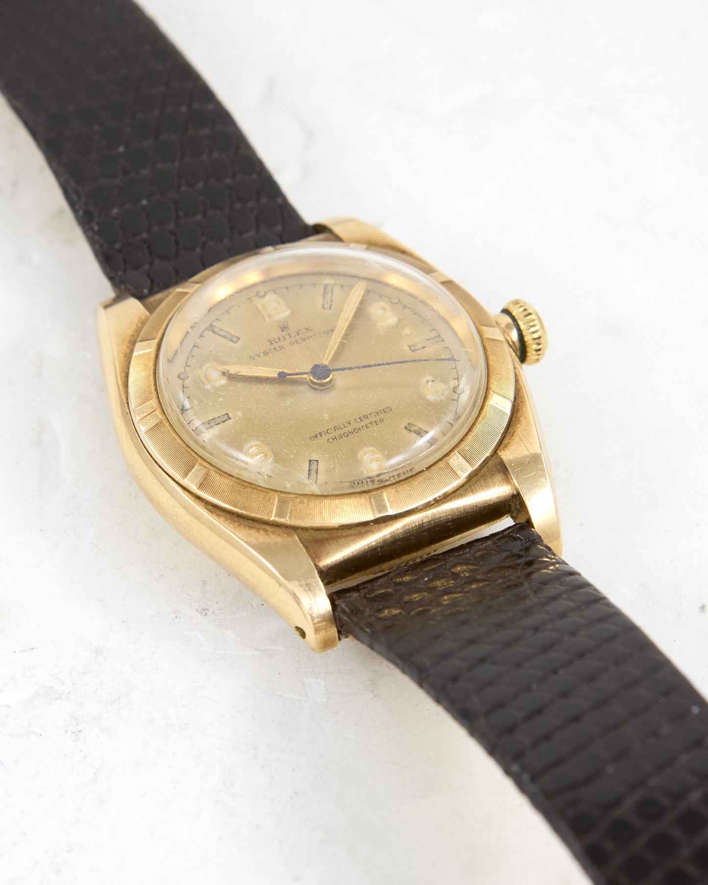Rolex Bubbleback Cream Radium Dial in 14K Yellow Gold Case