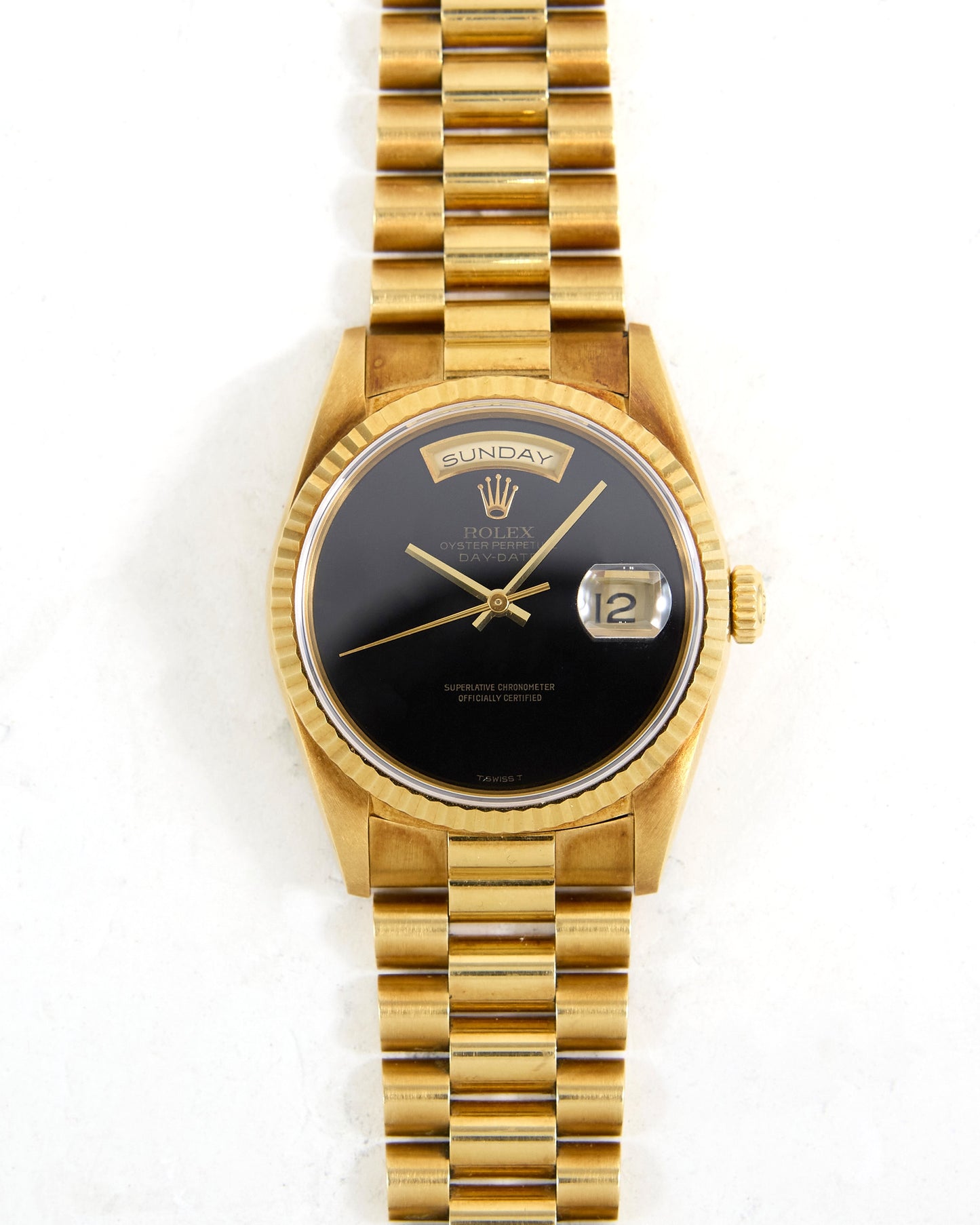 Rolex Day-Date 18238 Onyx Dial in Yellow Gold Case on President Bracelet with Box and Papers - NOS Condition