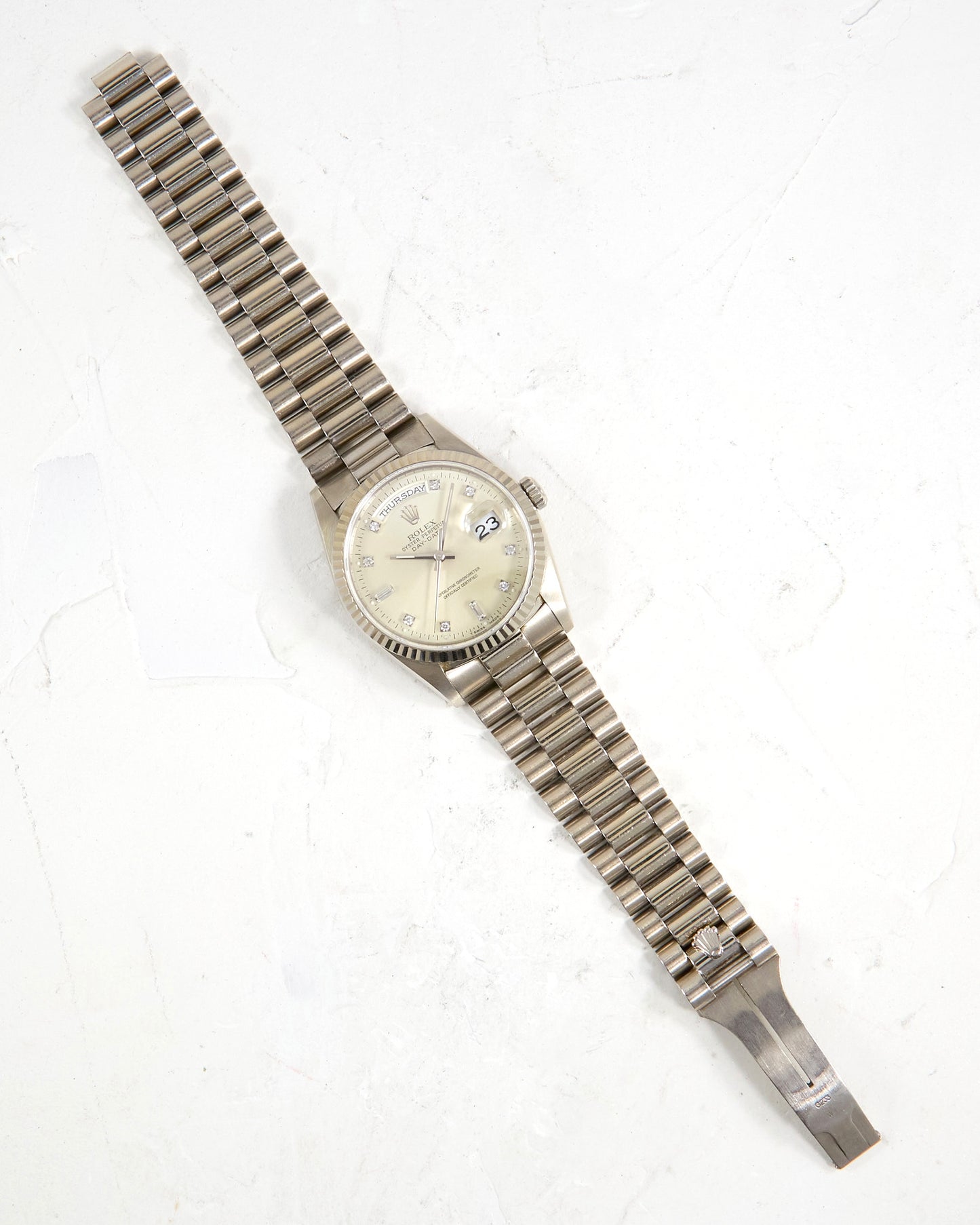Rolex Day-Date 18239 Silver Diamond Dial in White Gold Case on President Bracelet
