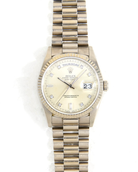 Rolex Day-Date 18239 Silver Diamond Dial in White Gold Case on President Bracelet