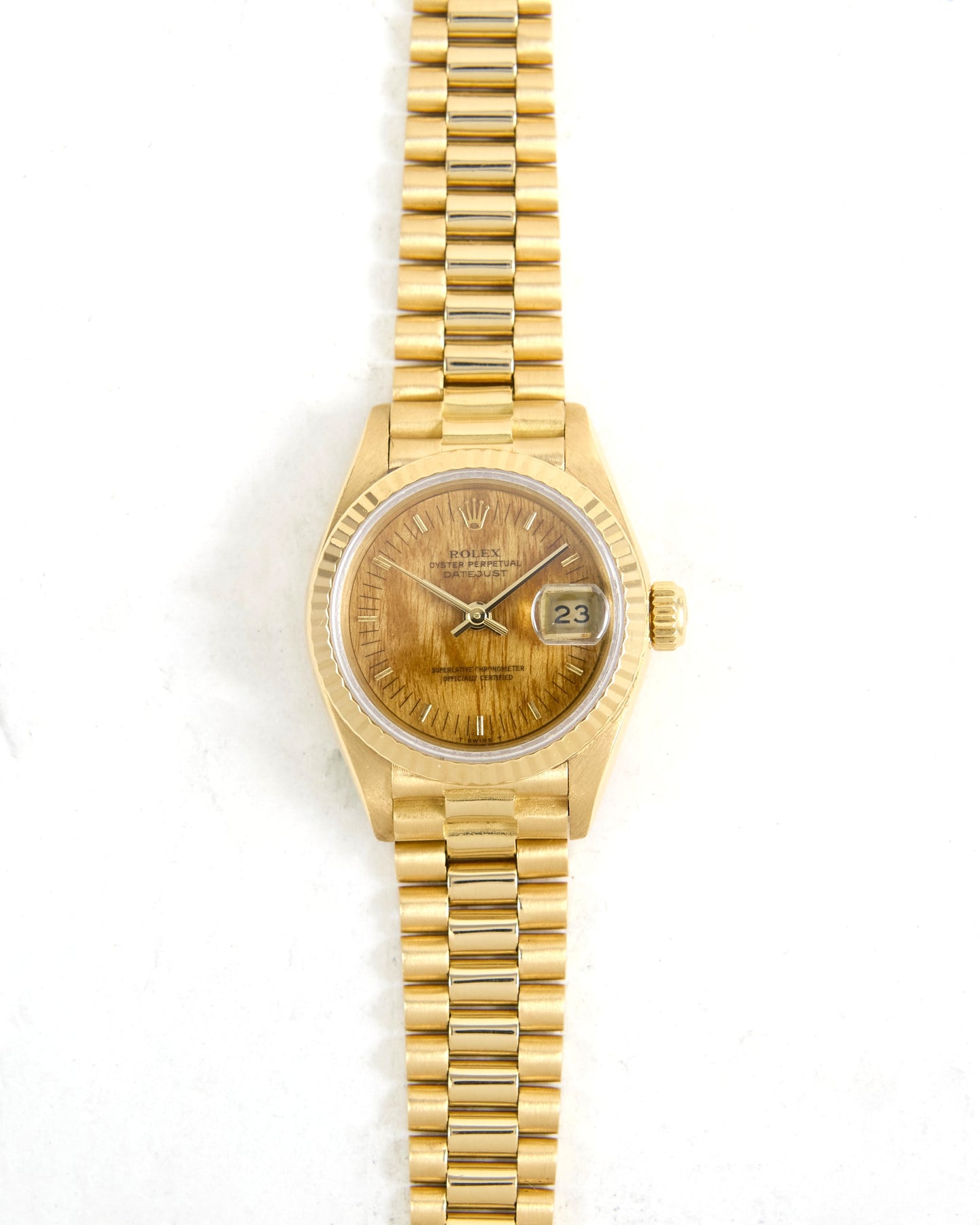Rolex Ladies Datejust 69178 Wood Dial in Yellow Gold Case on President Bracelet with Papers