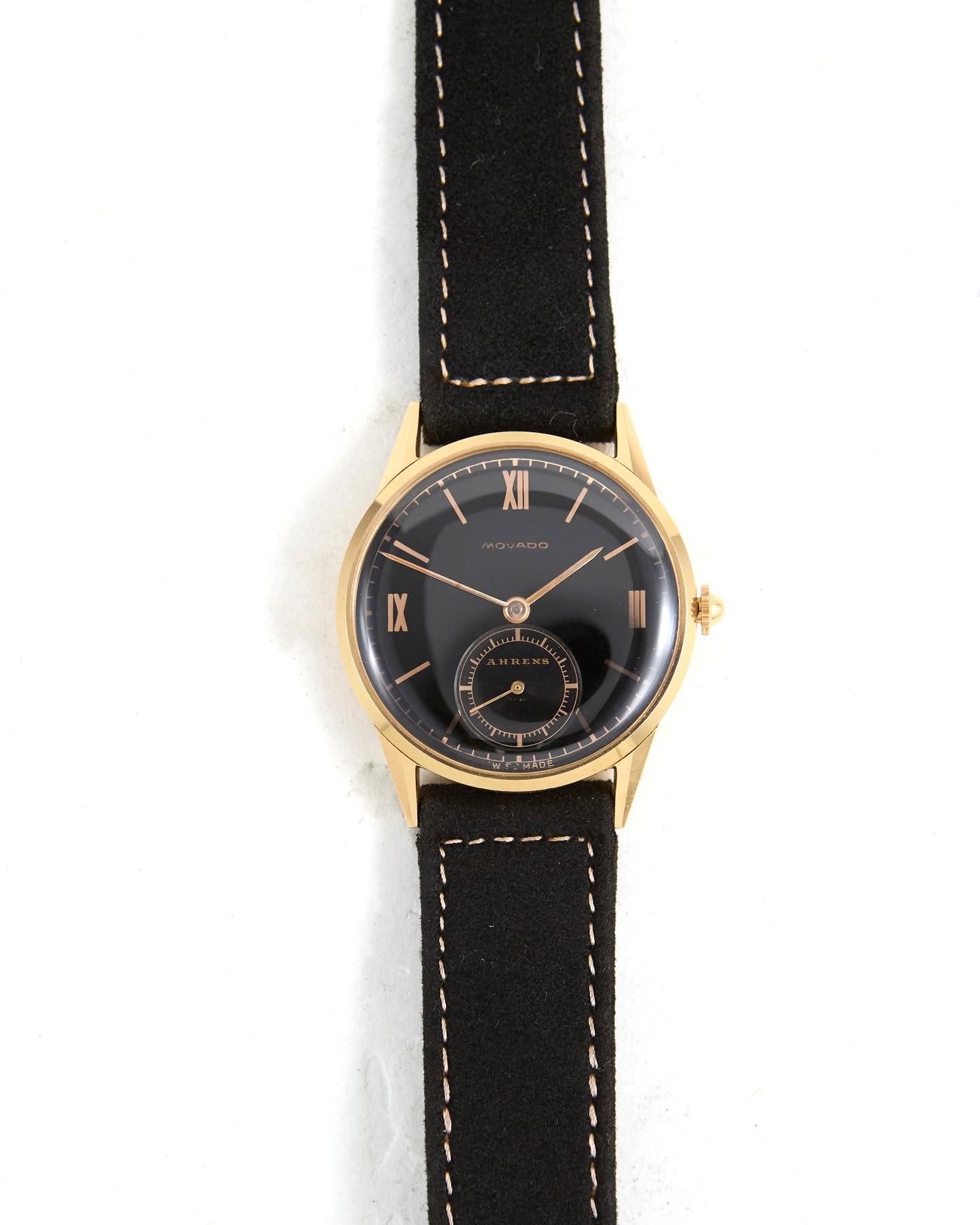 Movado Time Only in Pink Gold with Ahrens Signed Dial on Strap and Buckle