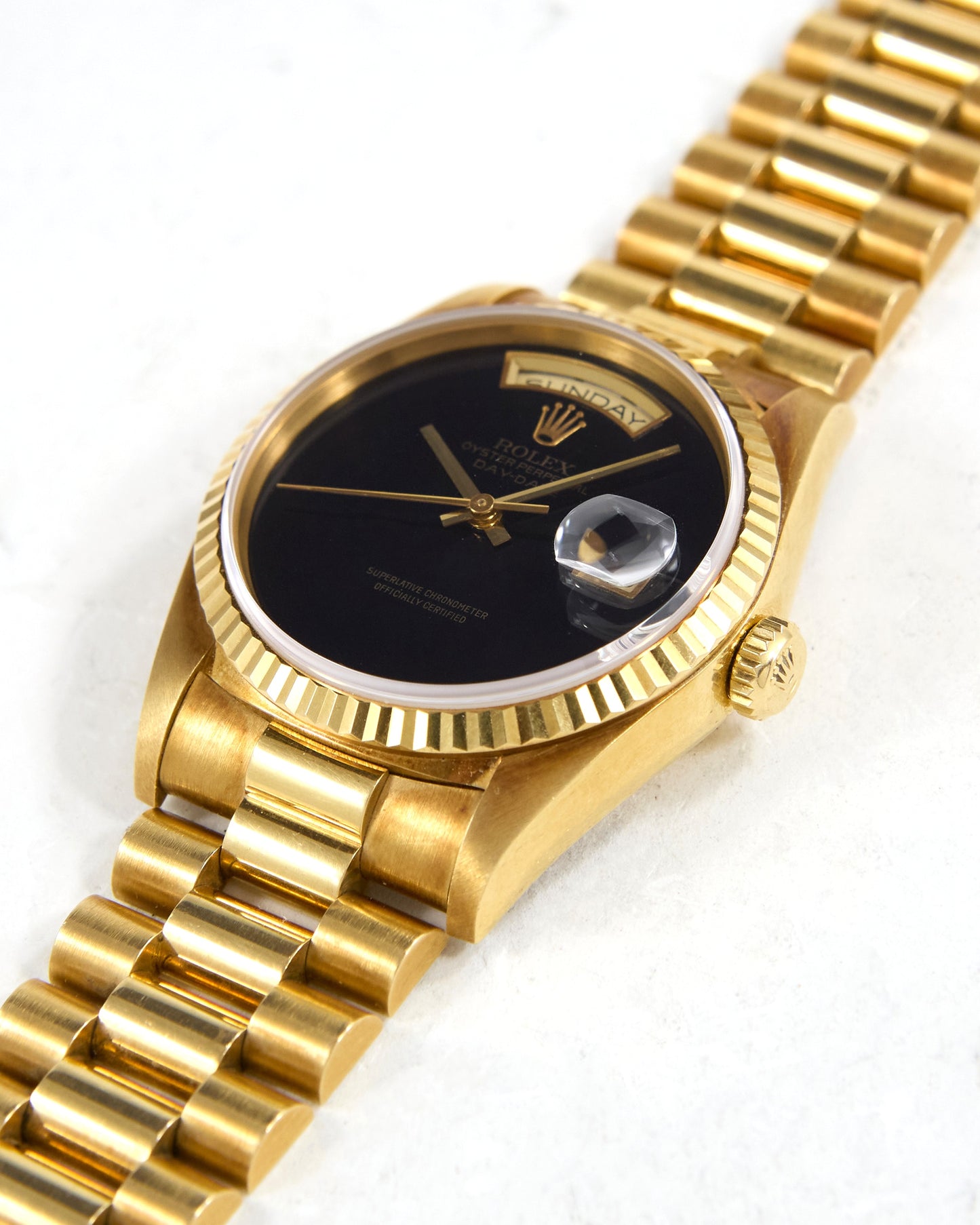 Rolex Day-Date 18238 Onyx Dial in Yellow Gold Case on President Bracelet with Box and Papers - NOS Condition