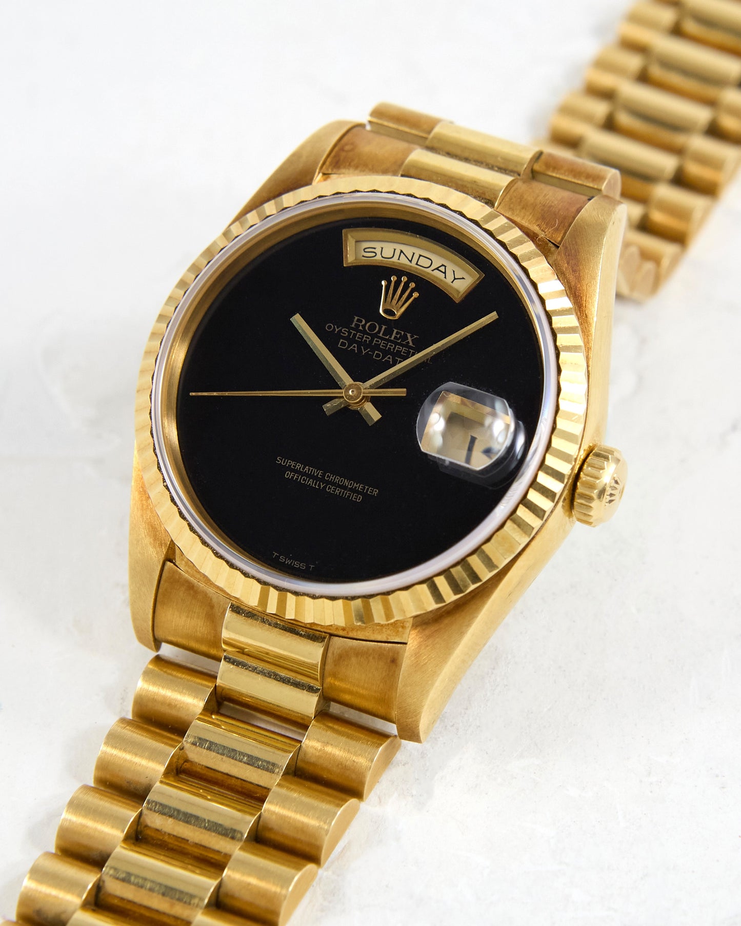 Rolex Day-Date 18238 Onyx Dial in Yellow Gold Case on President Bracelet with Box and Papers - NOS Condition