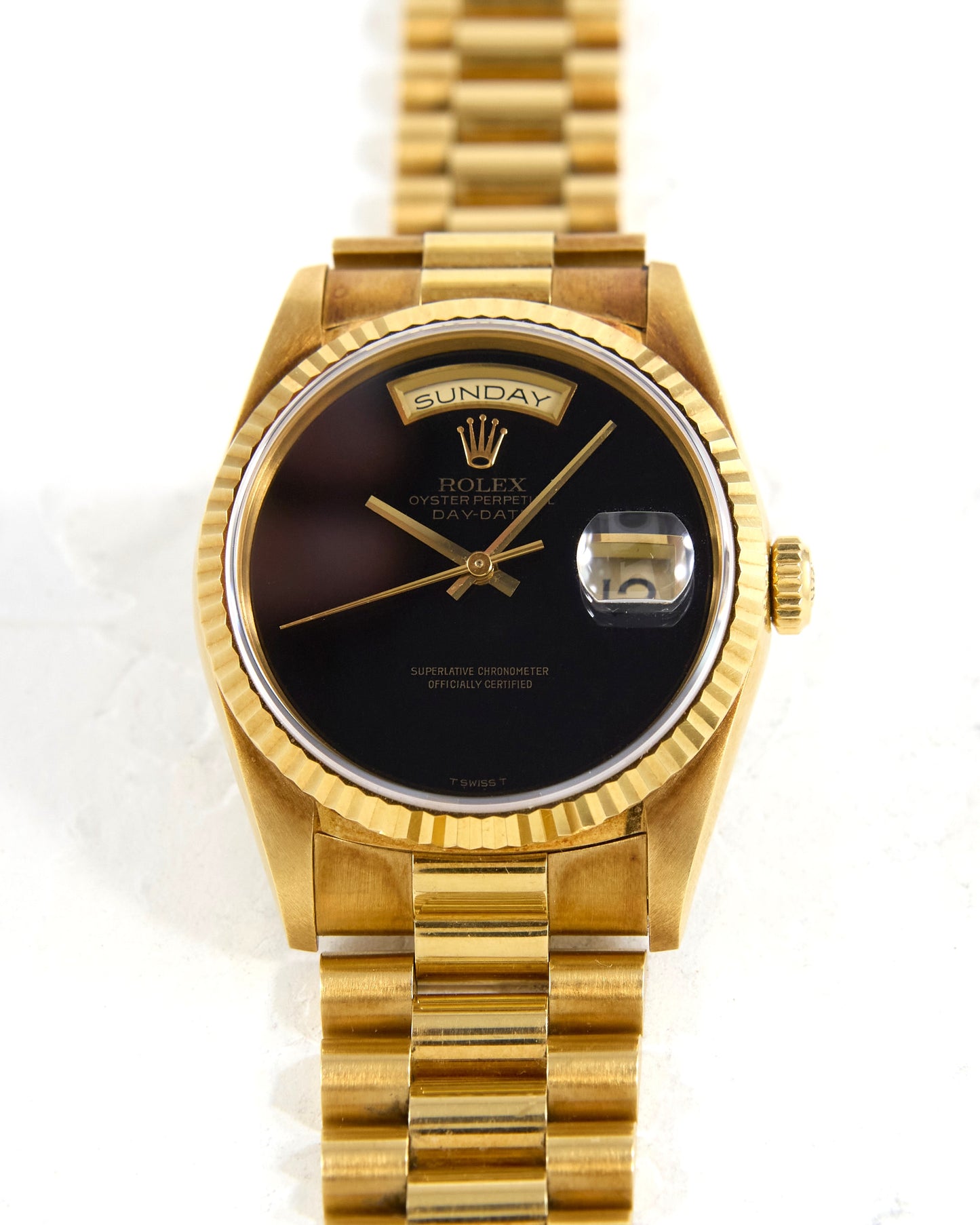 Rolex Day-Date 18238 Onyx Dial in Yellow Gold Case on President Bracelet with Box and Papers - NOS Condition