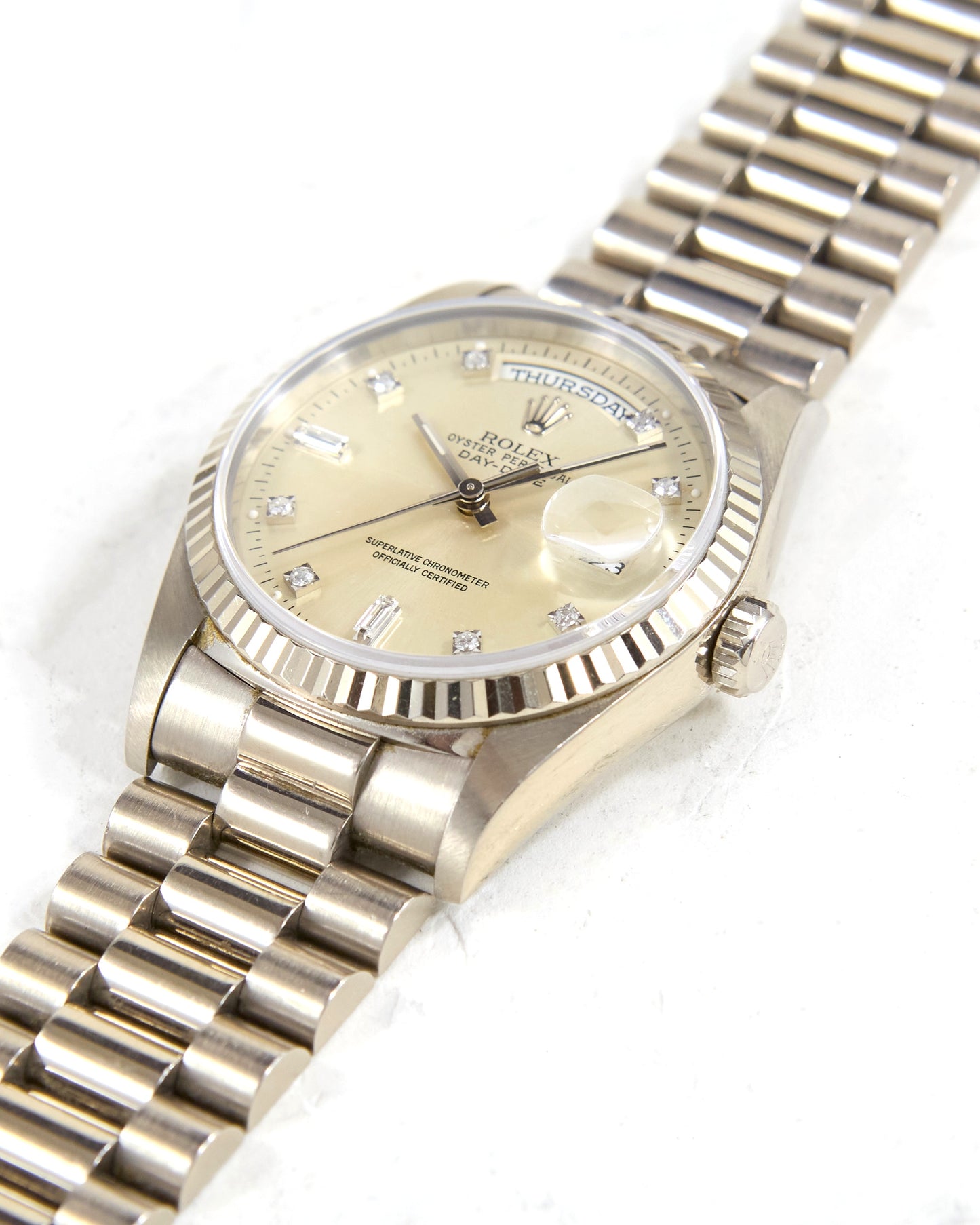 Rolex Day-Date 18239 Silver Diamond Dial in White Gold Case on President Bracelet