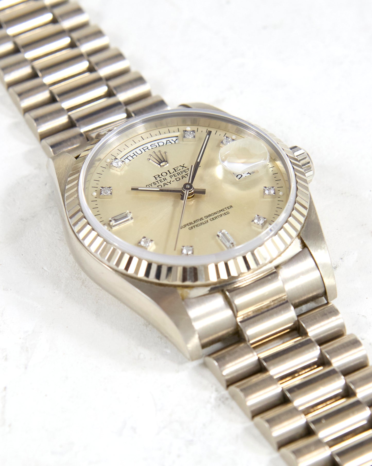 Rolex Day-Date 18239 Silver Diamond Dial in White Gold Case on President Bracelet