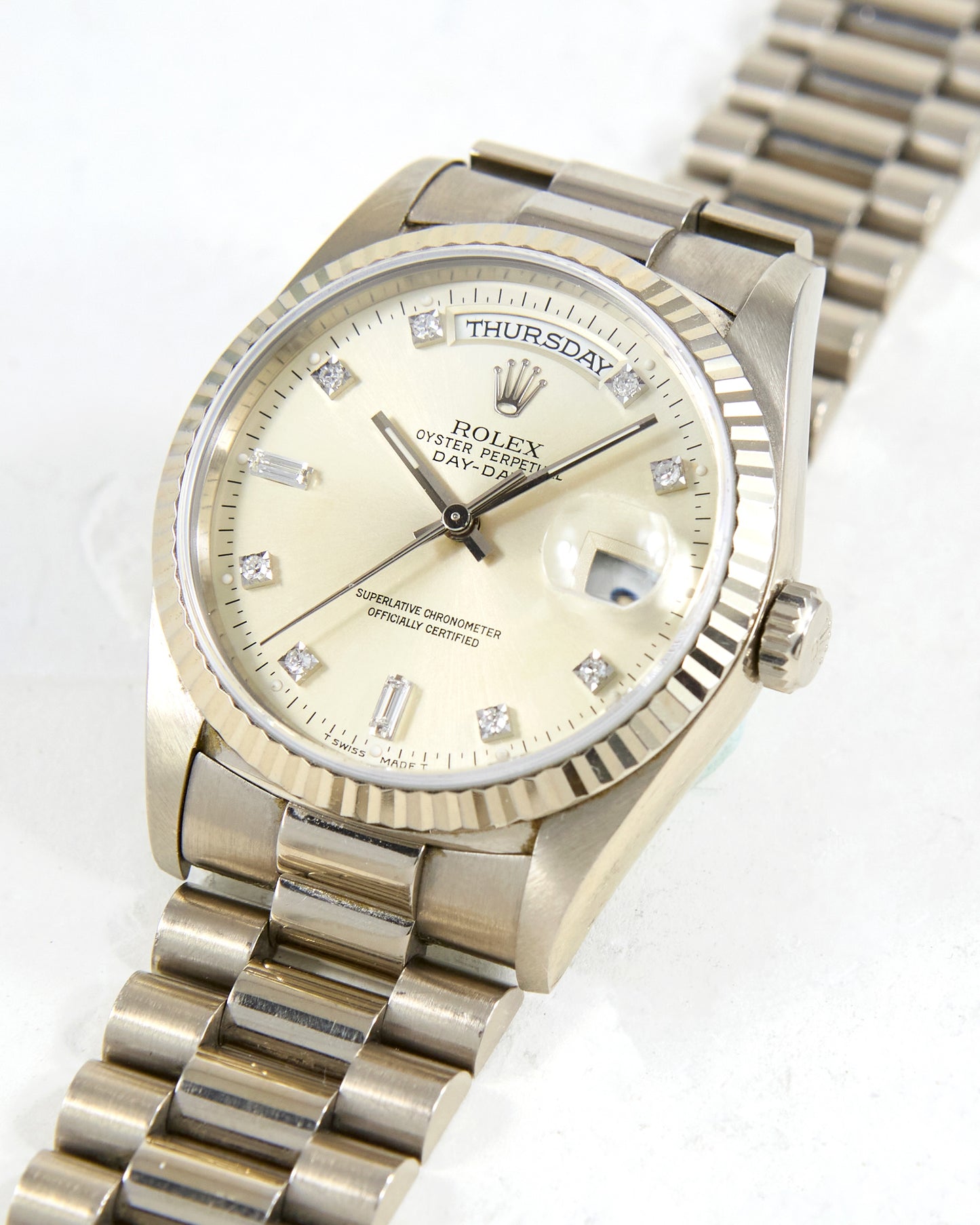 Rolex Day-Date 18239 Silver Diamond Dial in White Gold Case on President Bracelet