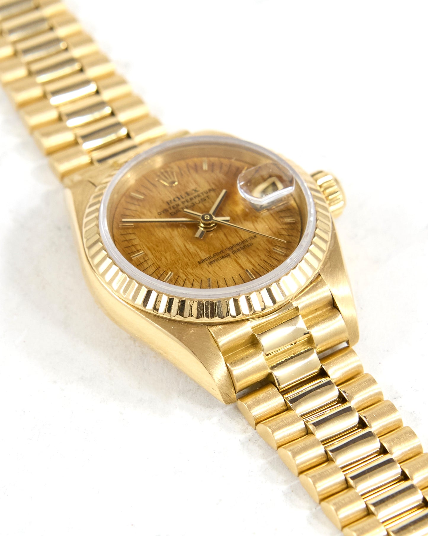 Rolex Ladies Datejust 69178 Wood Dial in Yellow Gold Case on President Bracelet with Papers