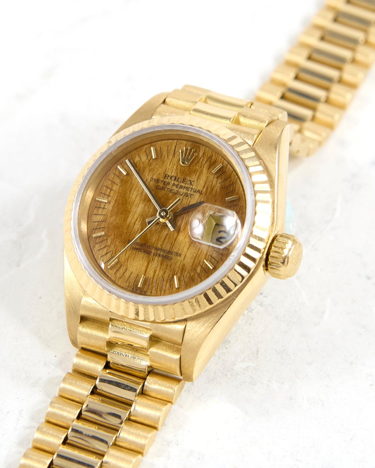 Rolex Ladies Datejust 69178 Wood Dial in Yellow Gold Case on President Bracelet with Papers