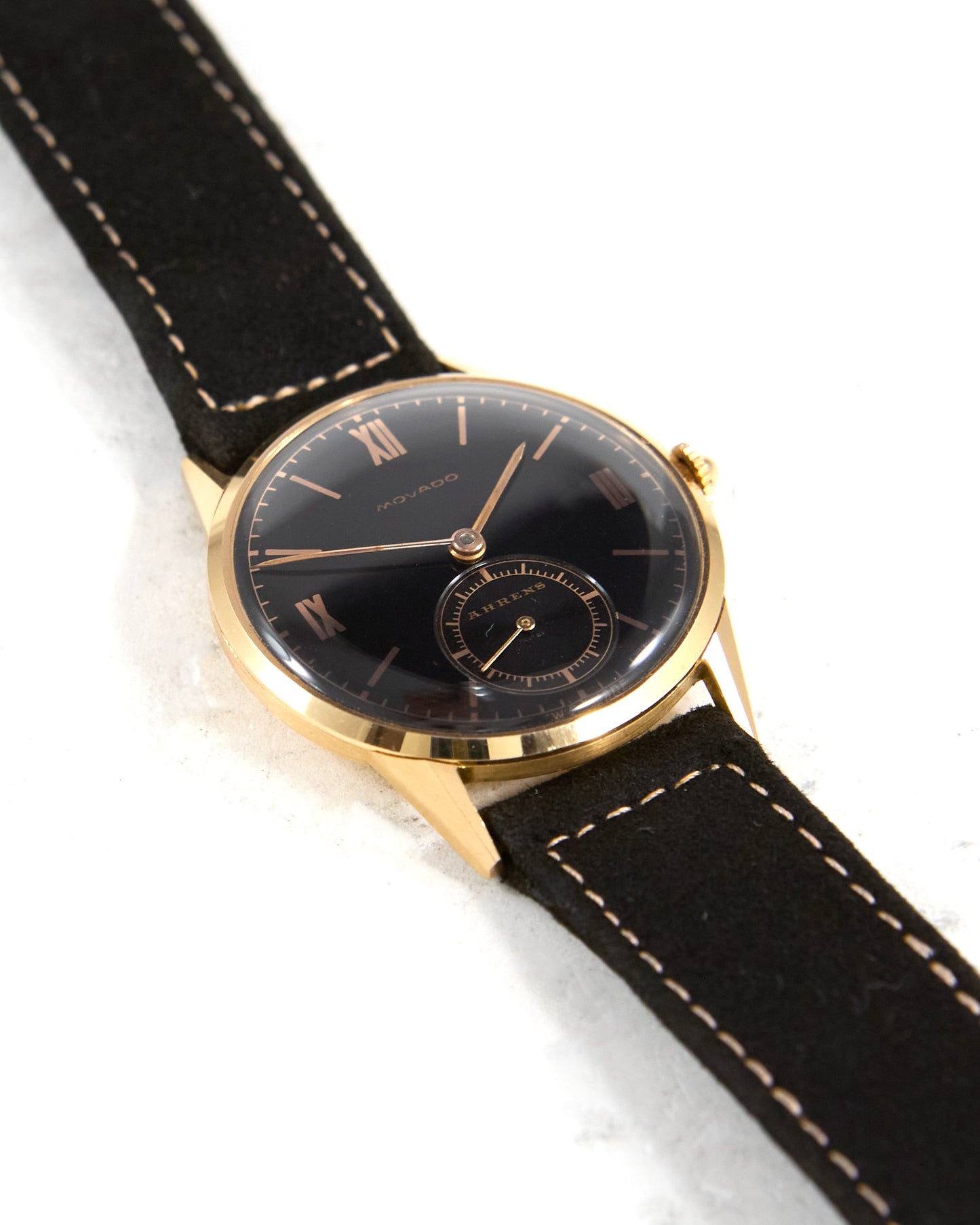 Movado Time Only in Pink Gold with Ahrens Signed Dial on Strap and Buckle