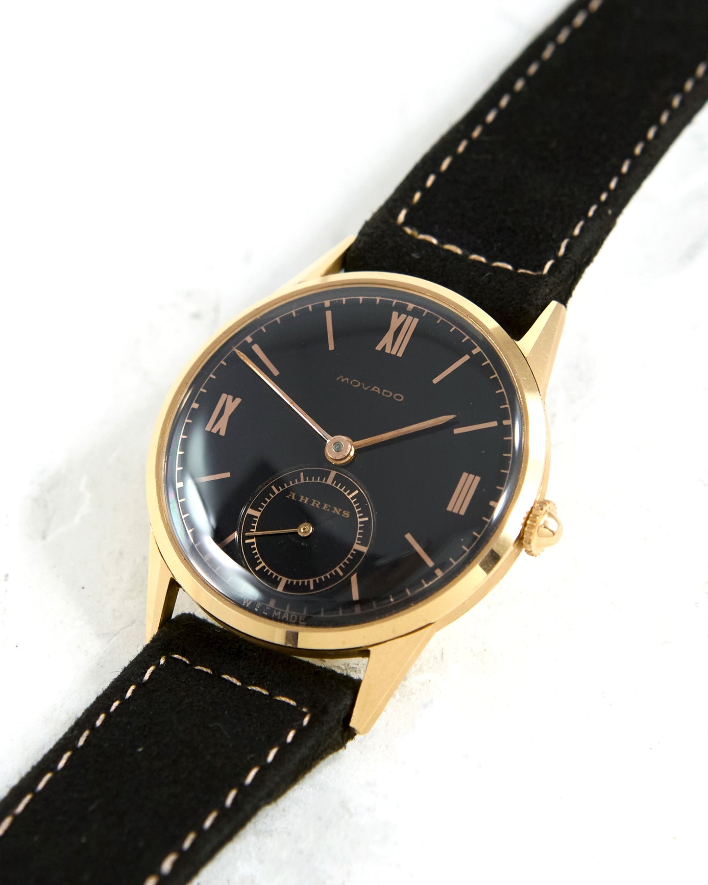 Movado Time Only in Pink Gold with Ahrens Signed Dial on Strap and Buckle