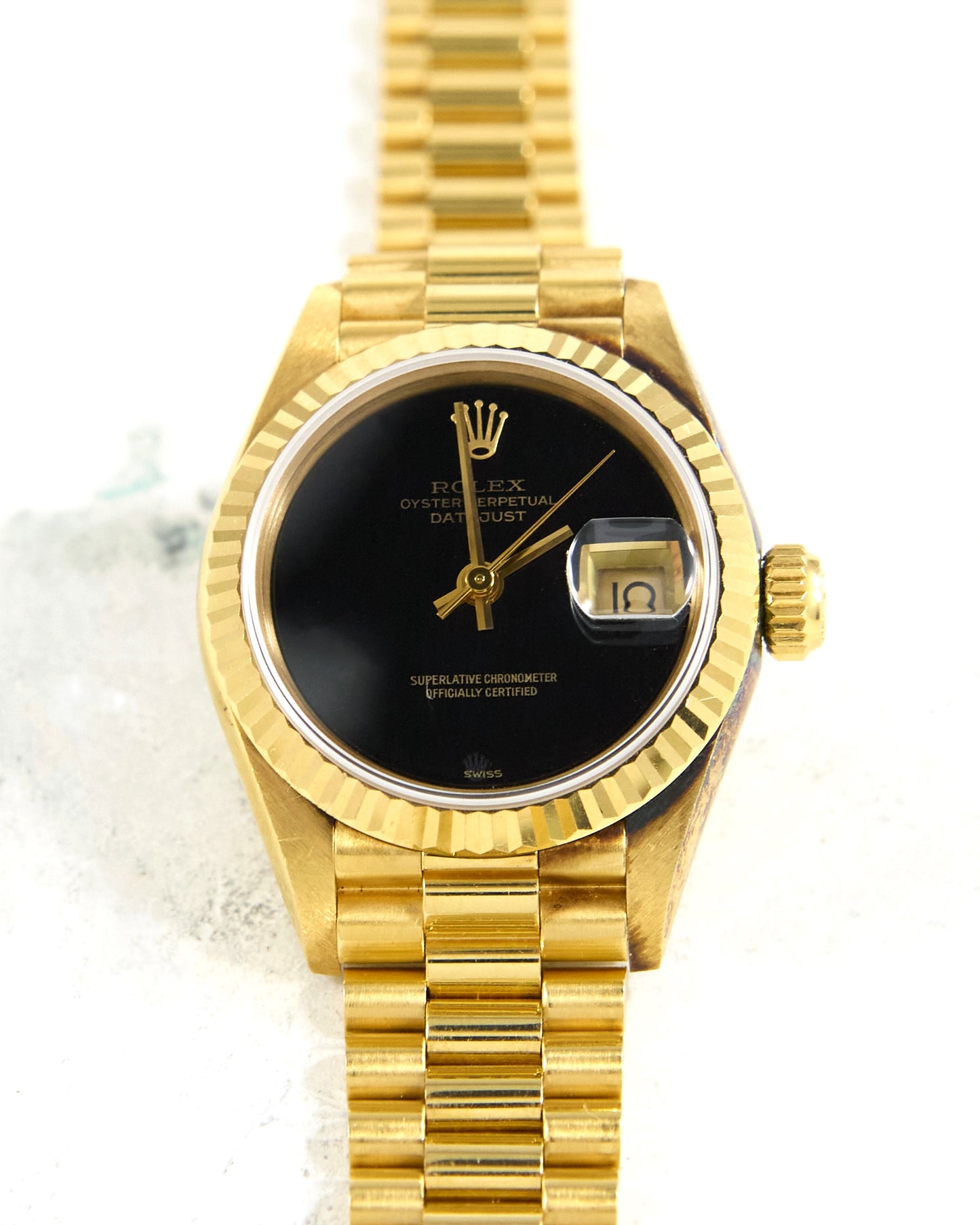 Rolex Ladies Datejust 69178 with Onyx Dial in Yellow Gold Case on President Bracelet