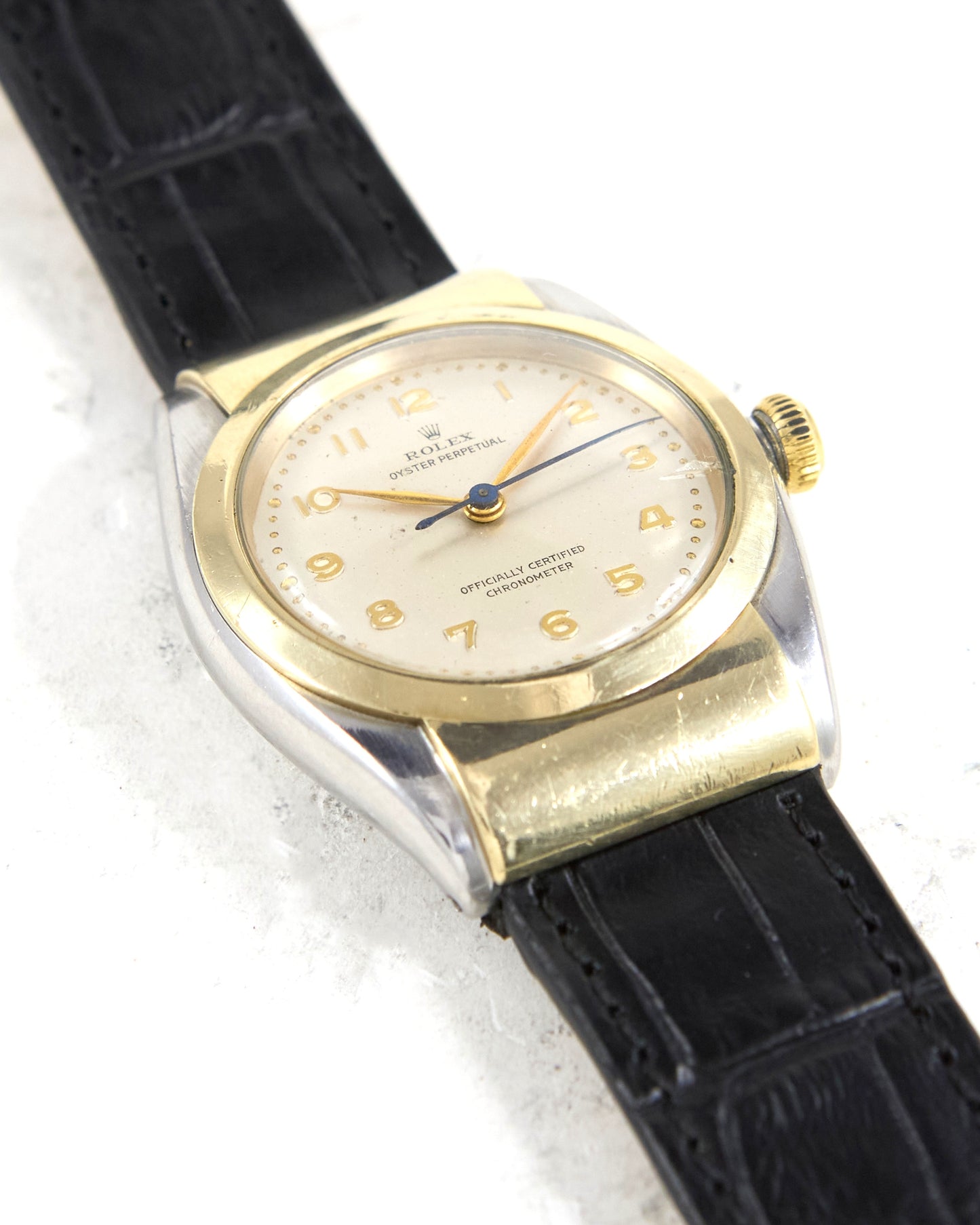 Rolex Hooded Bubbleback 3065 in Steel & Gold on Leather Strap and Buckle