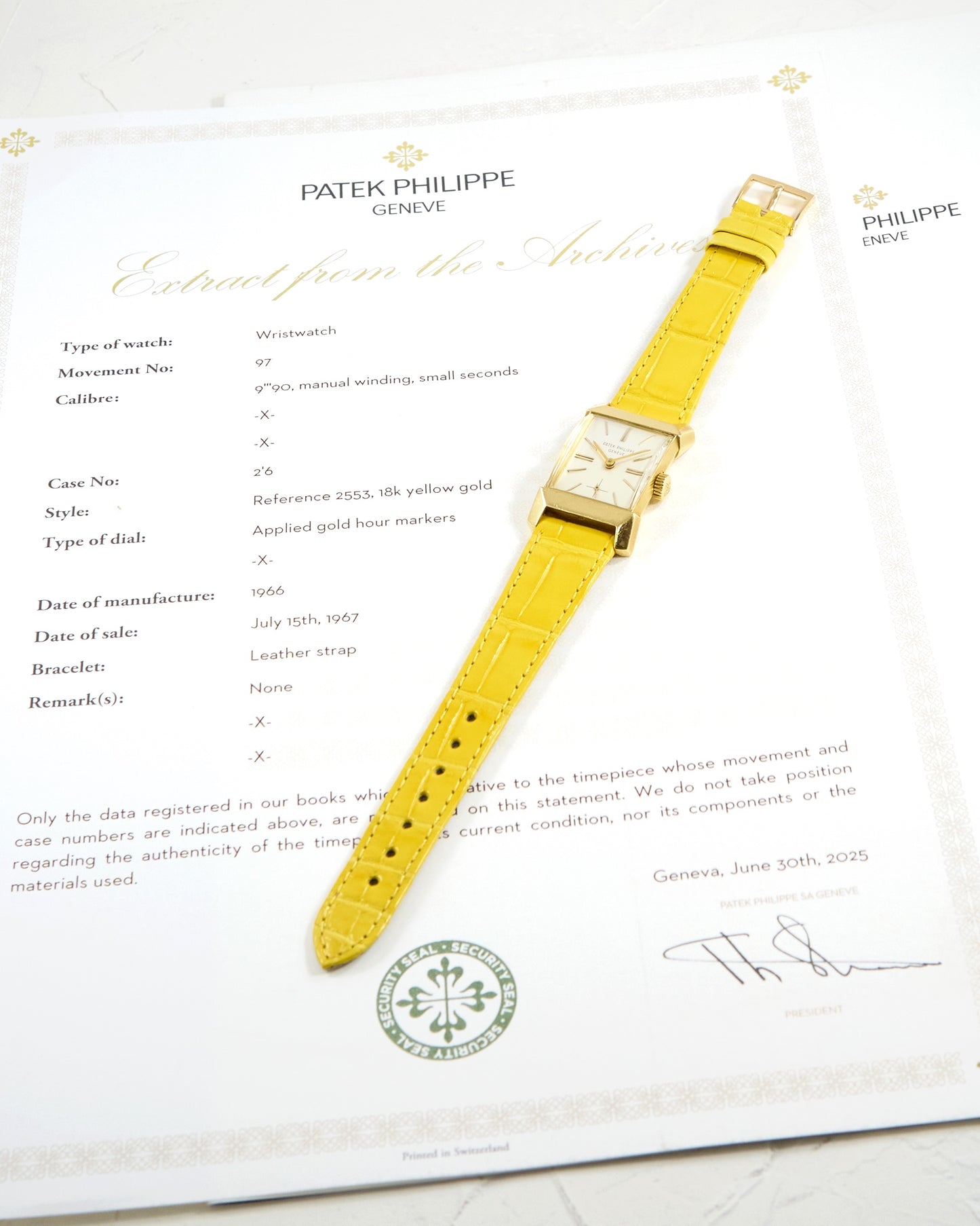 Patek Philippe Rectangular 2553 in Gold with Very Special Yellow Leather Strap Strap and Patek Philippe Buckle