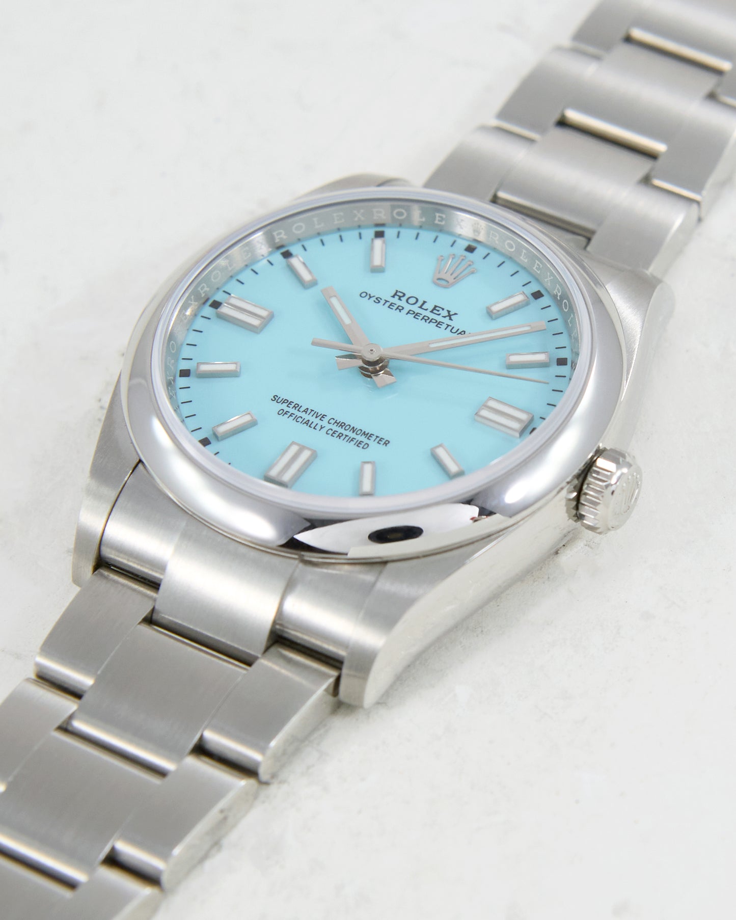 Rolex Oyster Perpetual Turquoise Blue Dial with Box and Papers in Unworn Condition