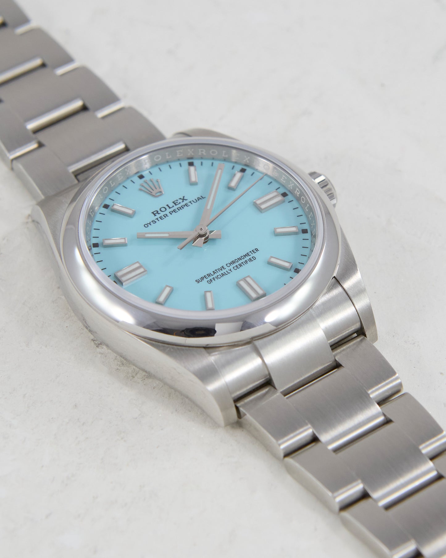 Rolex Oyster Perpetual Turquoise Blue Dial with Box and Papers in Unworn Condition