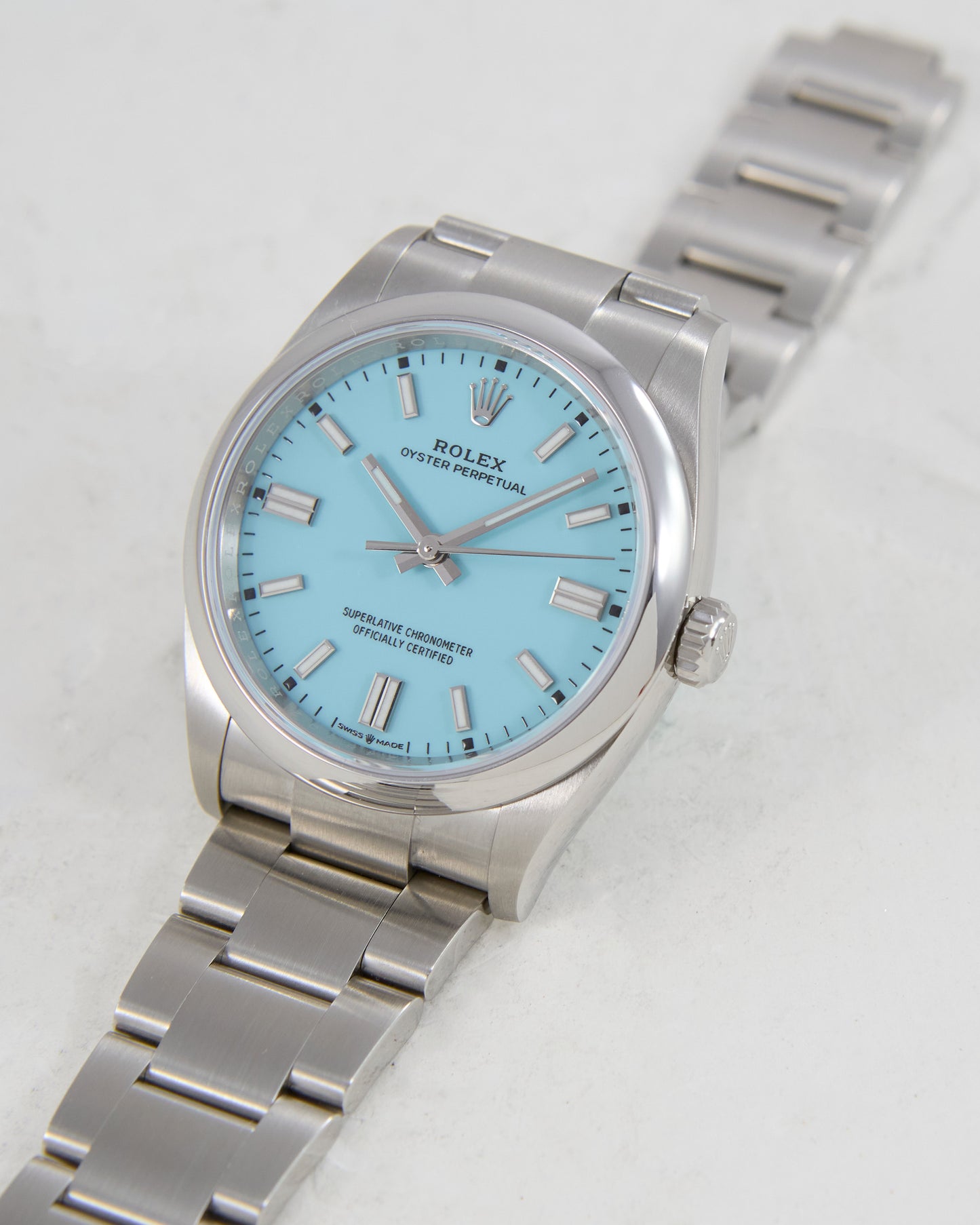 Rolex Oyster Perpetual Turquoise Blue Dial with Box and Papers in Unworn Condition