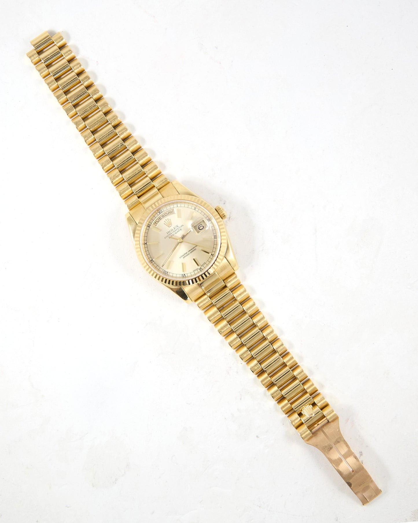 Rolex Day-Date 118238 Fluted Bezel Silver Dial in Yellow Gold Case and Bracelet