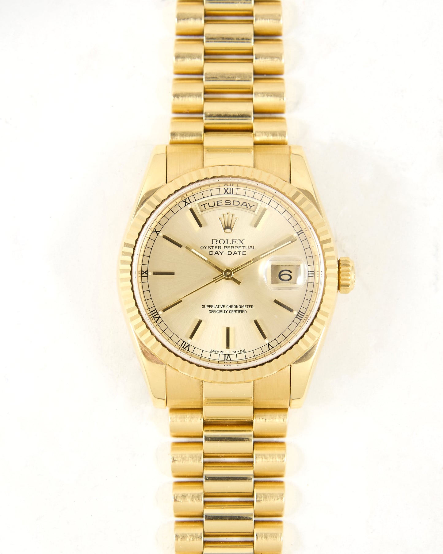 Rolex Day-Date 118238 Fluted Bezel Silver Dial in Yellow Gold Case and Bracelet
