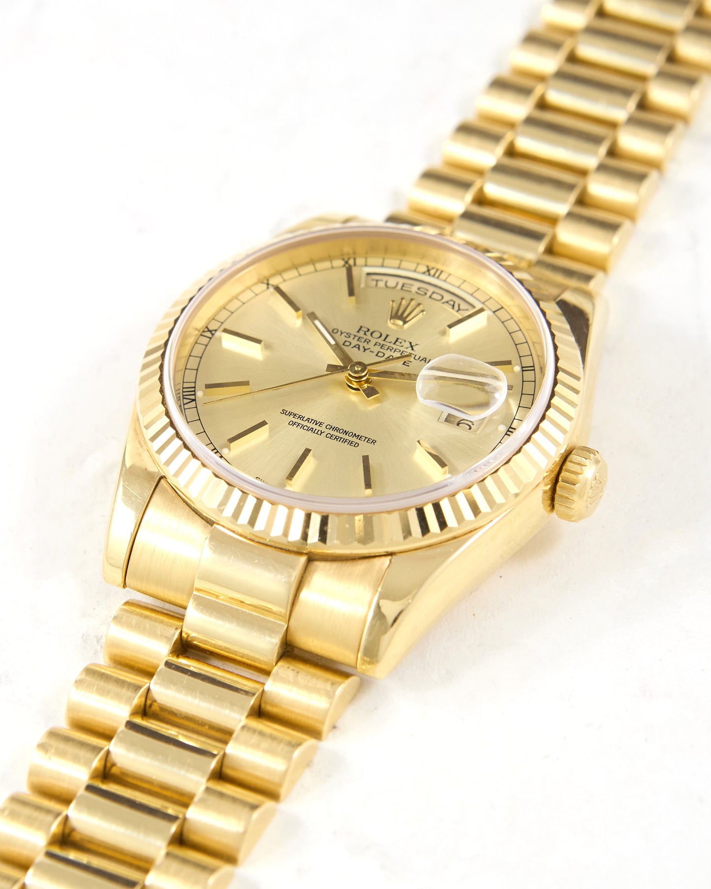 Rolex Day-Date 118238 Fluted Bezel Silver Dial in Yellow Gold Case and Bracelet