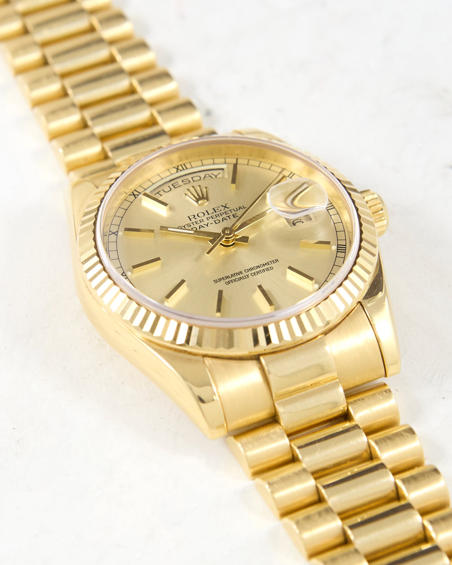 Rolex Day-Date 118238 Fluted Bezel Silver Dial in Yellow Gold Case and Bracelet