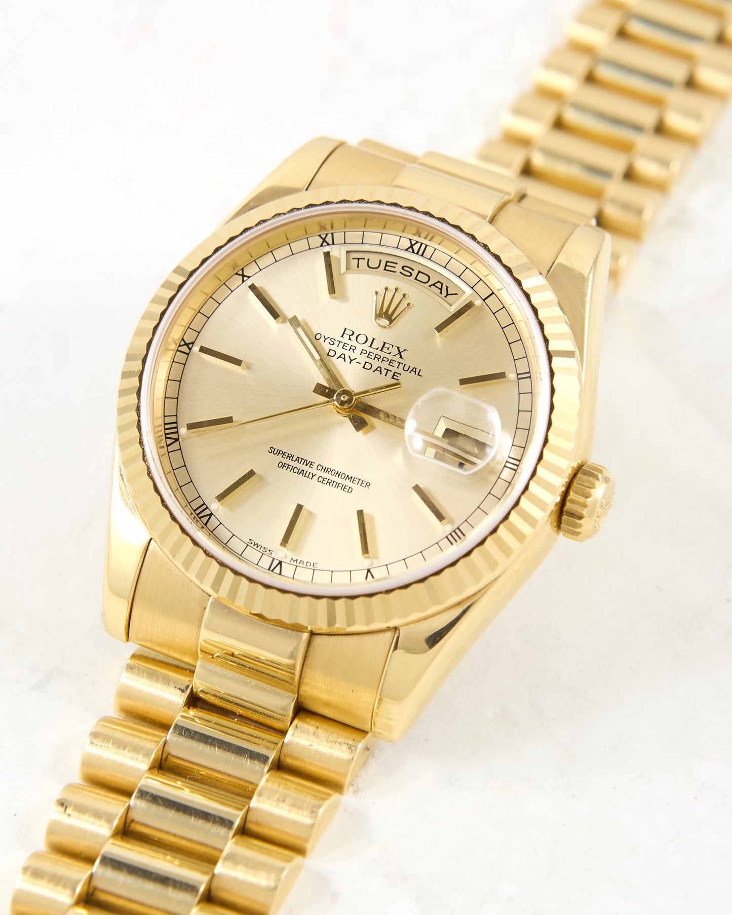 Rolex Day-Date 118238 Fluted Bezel Silver Dial in Yellow Gold Case and Bracelet