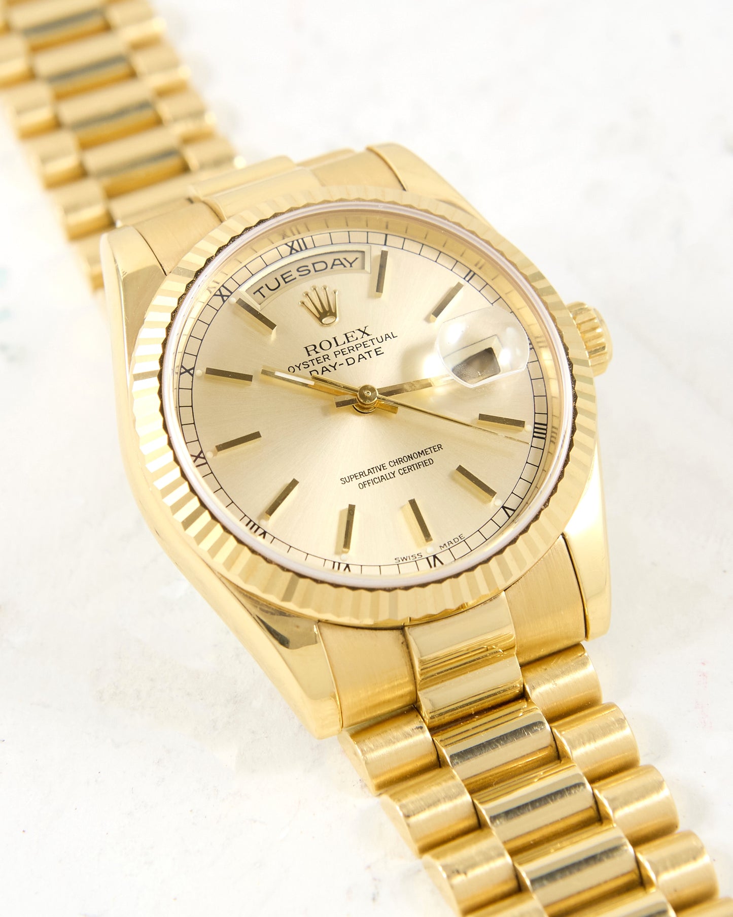 Rolex Day-Date 118238 Fluted Bezel Silver Dial in Yellow Gold Case and Bracelet