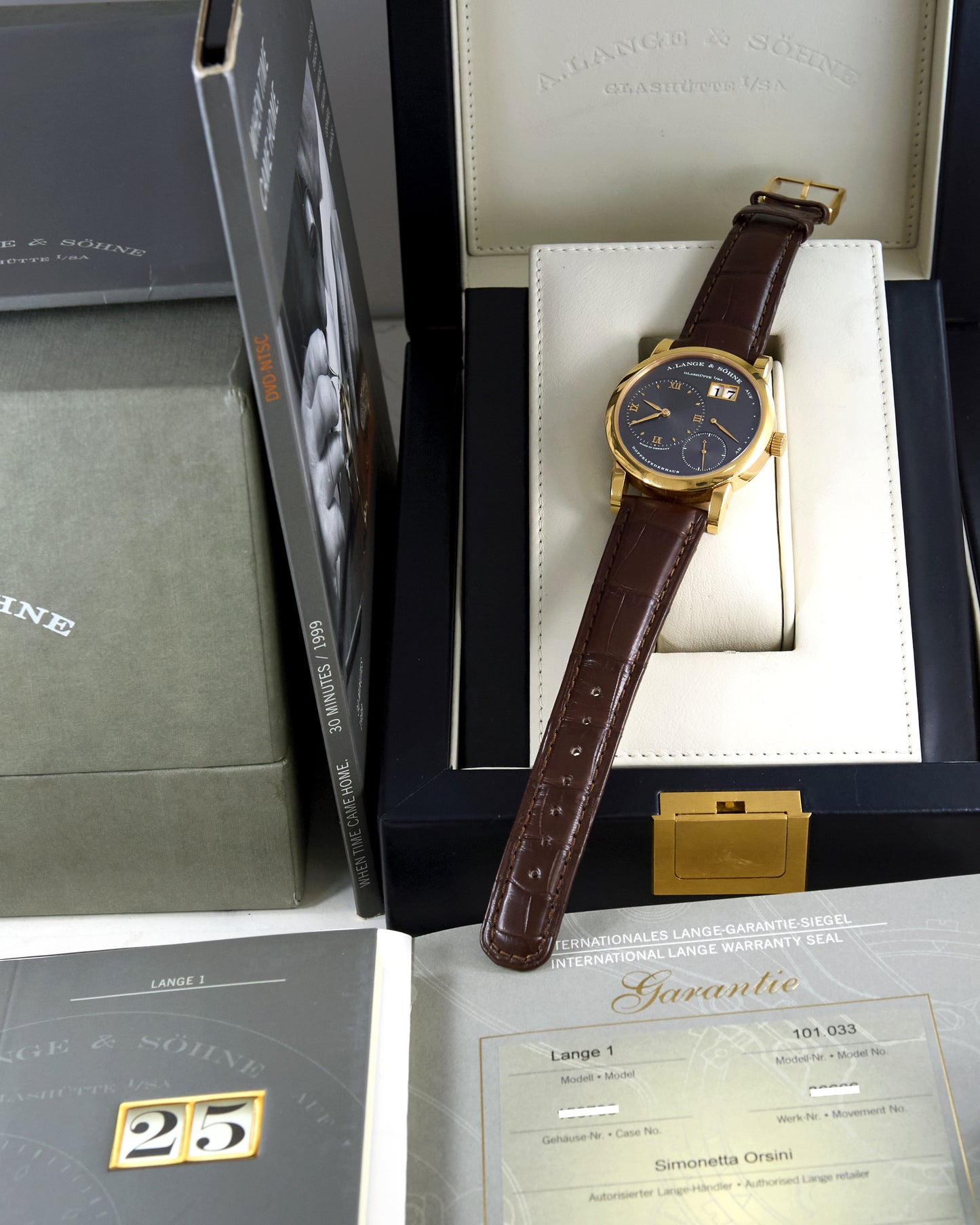 A. Lange & Sohne Lange 1 101.033 in Rose Gold Grey Dial on Leather Strap and Buckle with Box & Papers