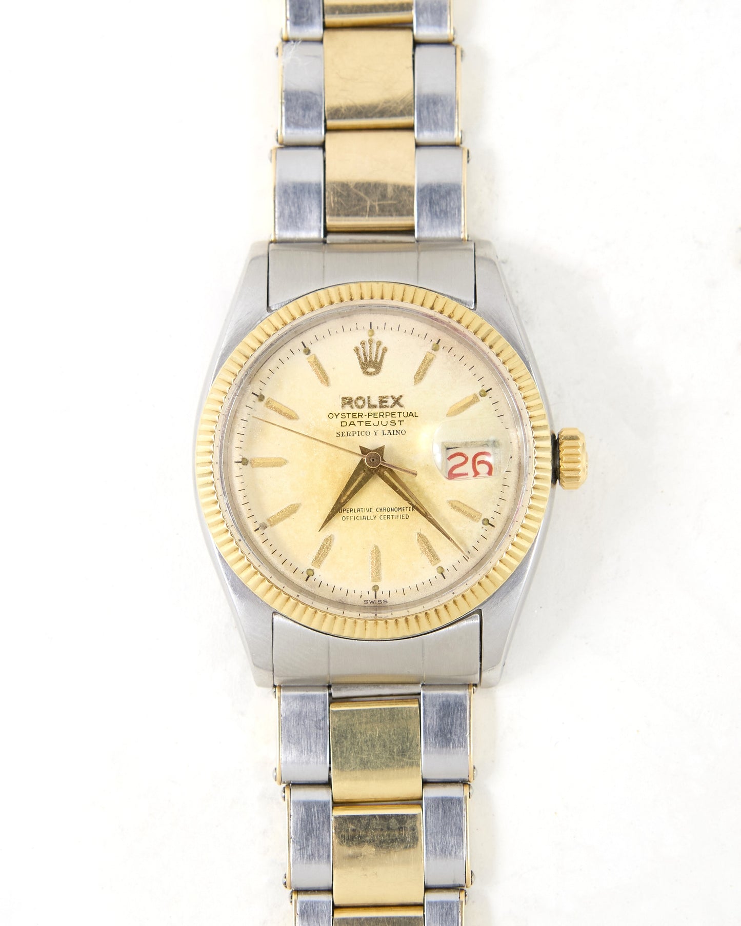Rolex Datejust 6605 "Serpico y Laino" with Roulette Date Wheel in Steel & Gold on Oyster Rivet Bracelet