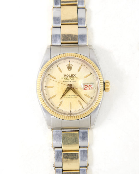 Rolex Datejust 6605 "Serpico y Laino" with Roulette Date Wheel in Steel & Gold on Oyster Rivet Bracelet