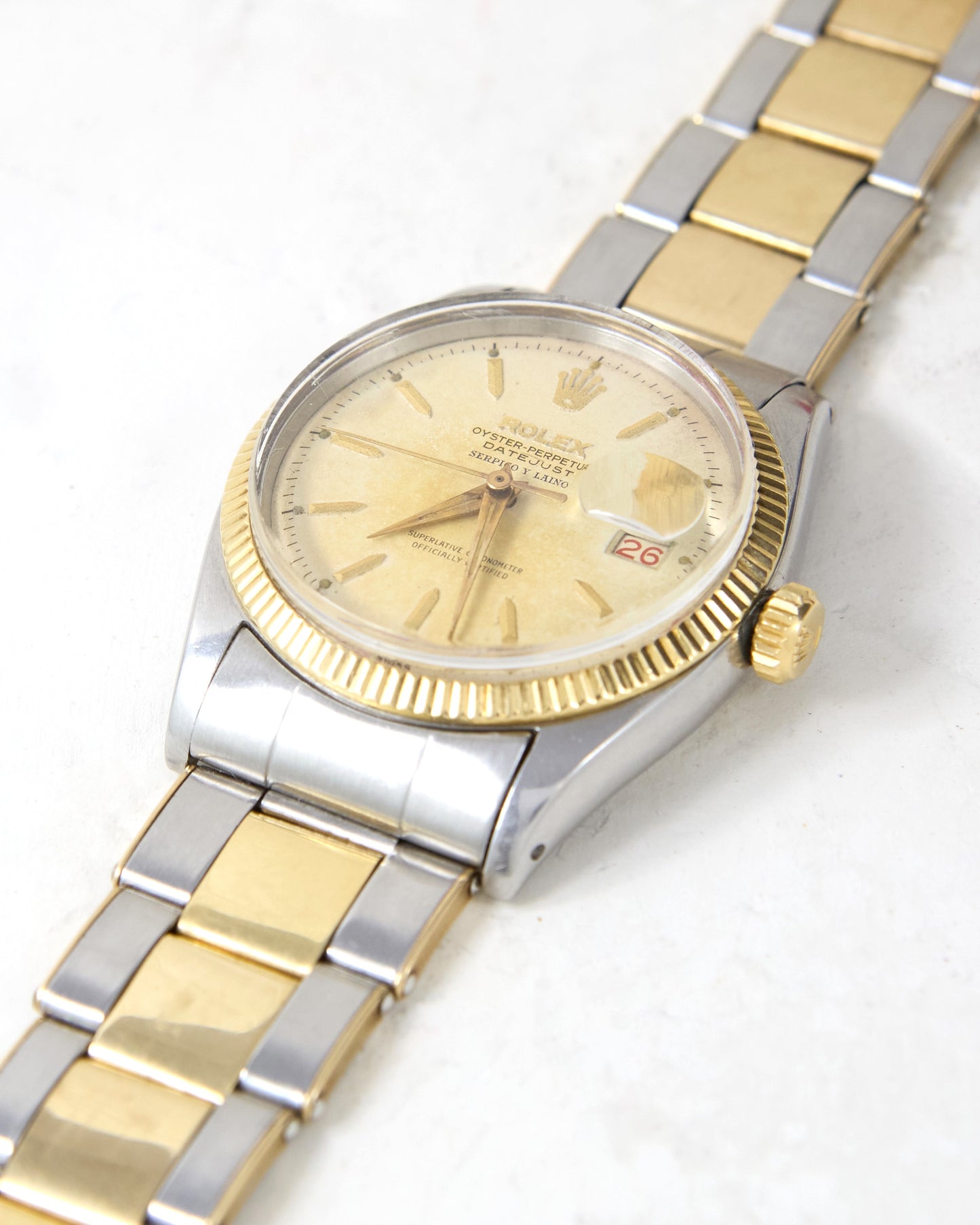 Rolex Datejust 6605 "Serpico y Laino" with Roulette Date Wheel in Steel & Gold on Oyster Rivet Bracelet