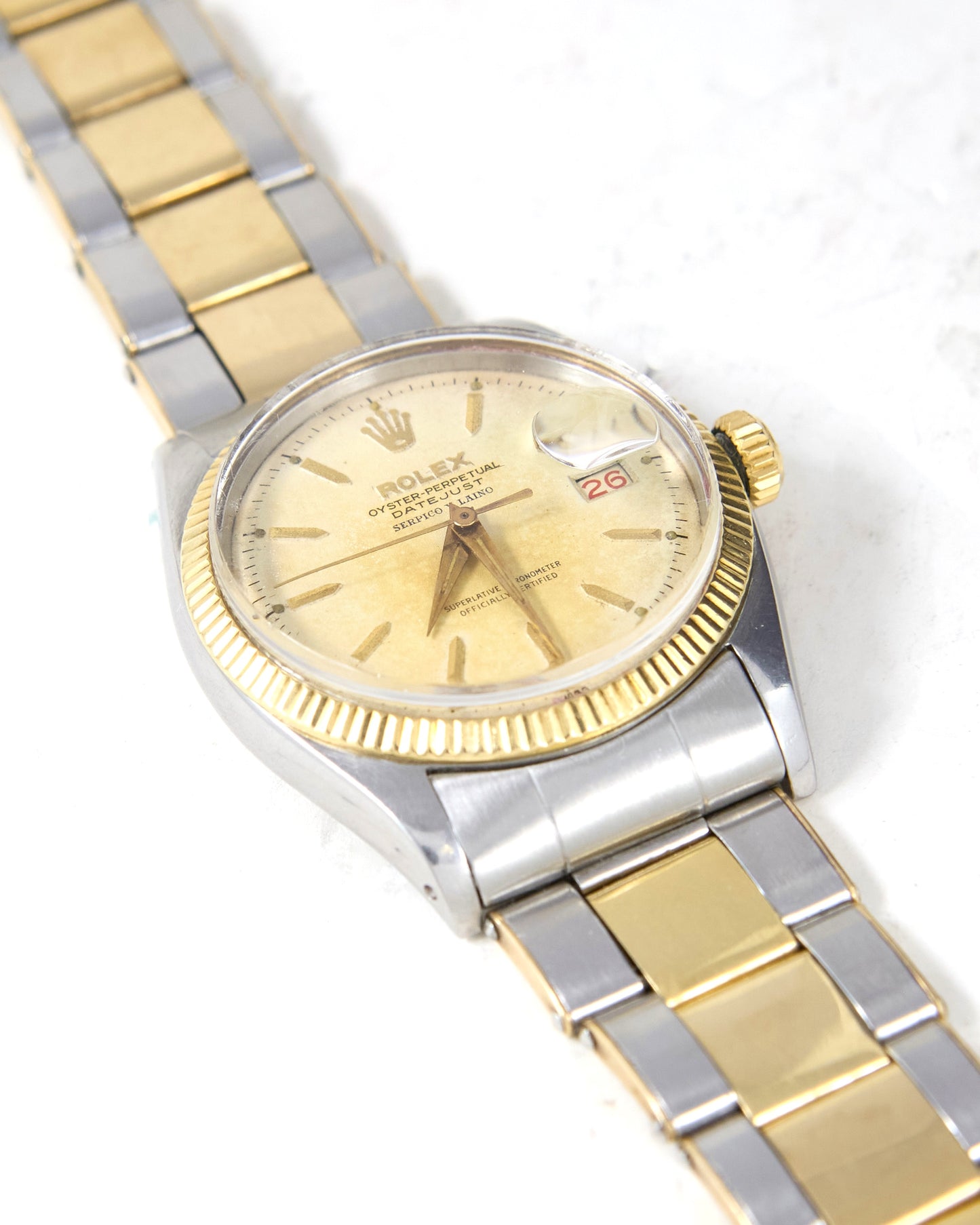 Rolex Datejust 6605 "Serpico y Laino" with Roulette Date Wheel in Steel & Gold on Oyster Rivet Bracelet