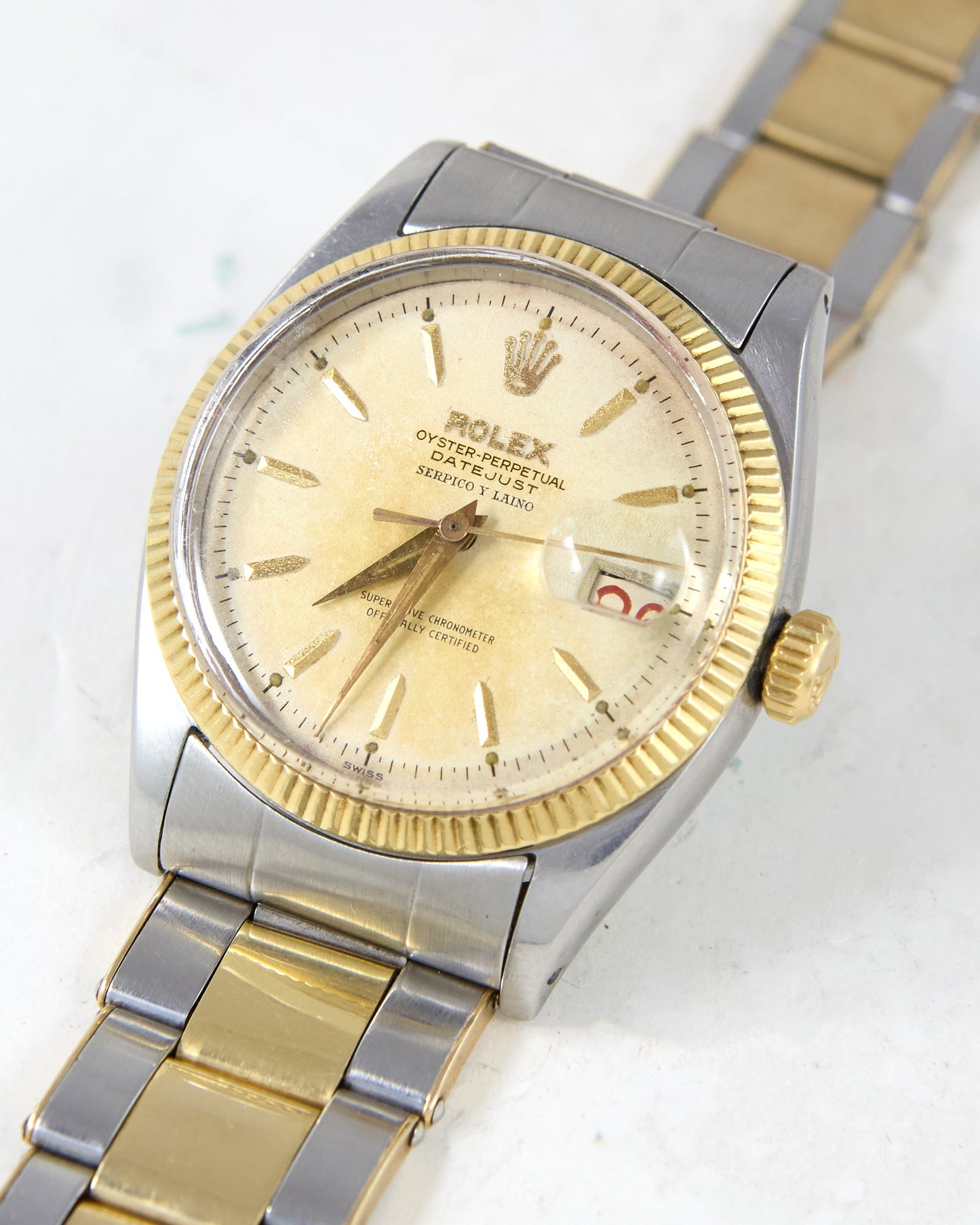 Rolex Datejust 6605 "Serpico y Laino" with Roulette Date Wheel in Steel & Gold on Oyster Rivet Bracelet