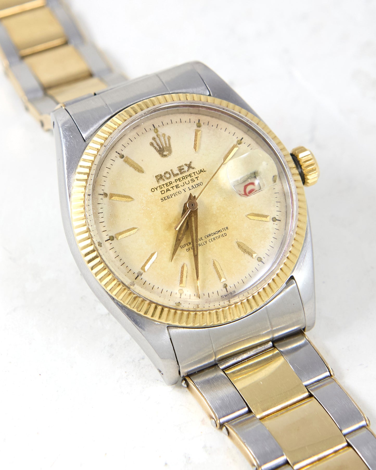 Rolex Datejust 6605 "Serpico y Laino" with Roulette Date Wheel in Steel & Gold on Oyster Rivet Bracelet