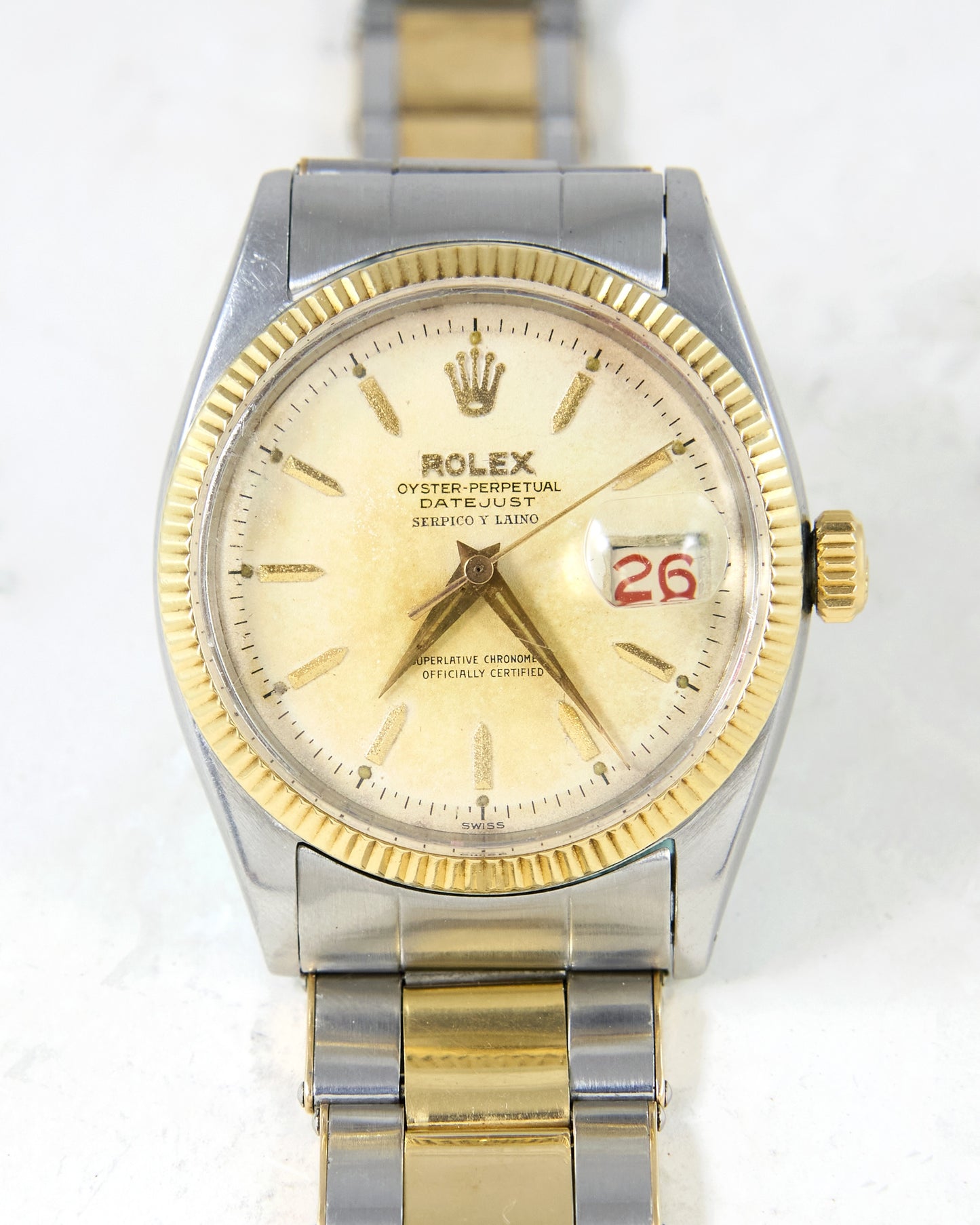 Rolex Datejust 6605 "Serpico y Laino" with Roulette Date Wheel in Steel & Gold on Oyster Rivet Bracelet