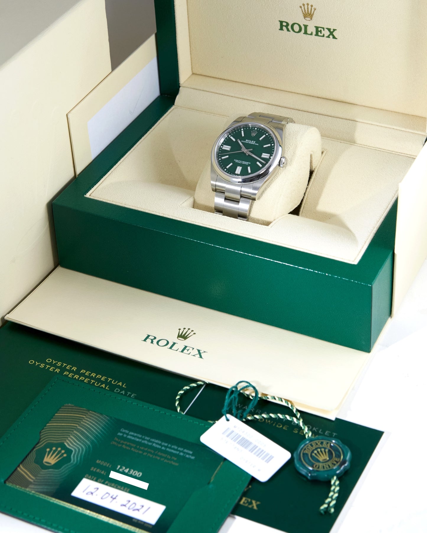 Rolex Oyster Perpetual 124300 Green Dial with Box & Papers